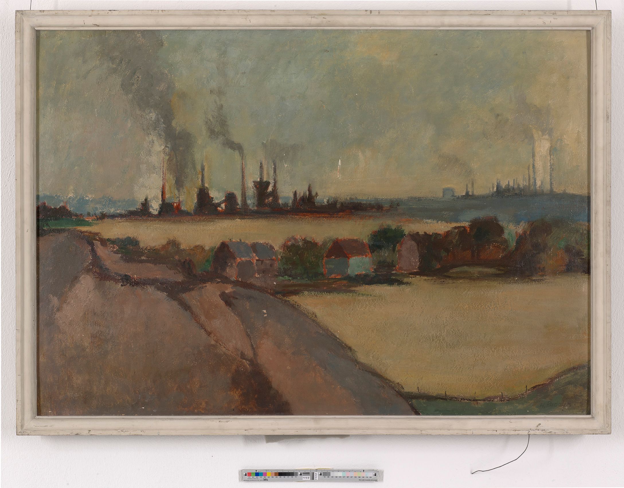 Landschaftsmalerei einer Industrielandschaft. Im Vordergrund sind Felder und einige kleinere Häuser zu erkennen. Im Hintergrund sind Industriegebäude und Dampf zu sehen. 