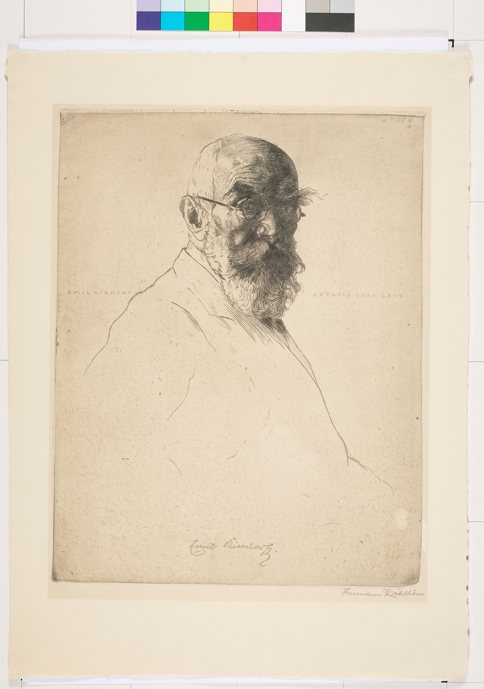 Unvollständige Portraitzeichnung von Emil Kirdorf. Alter Mann mit Bart und Brille.