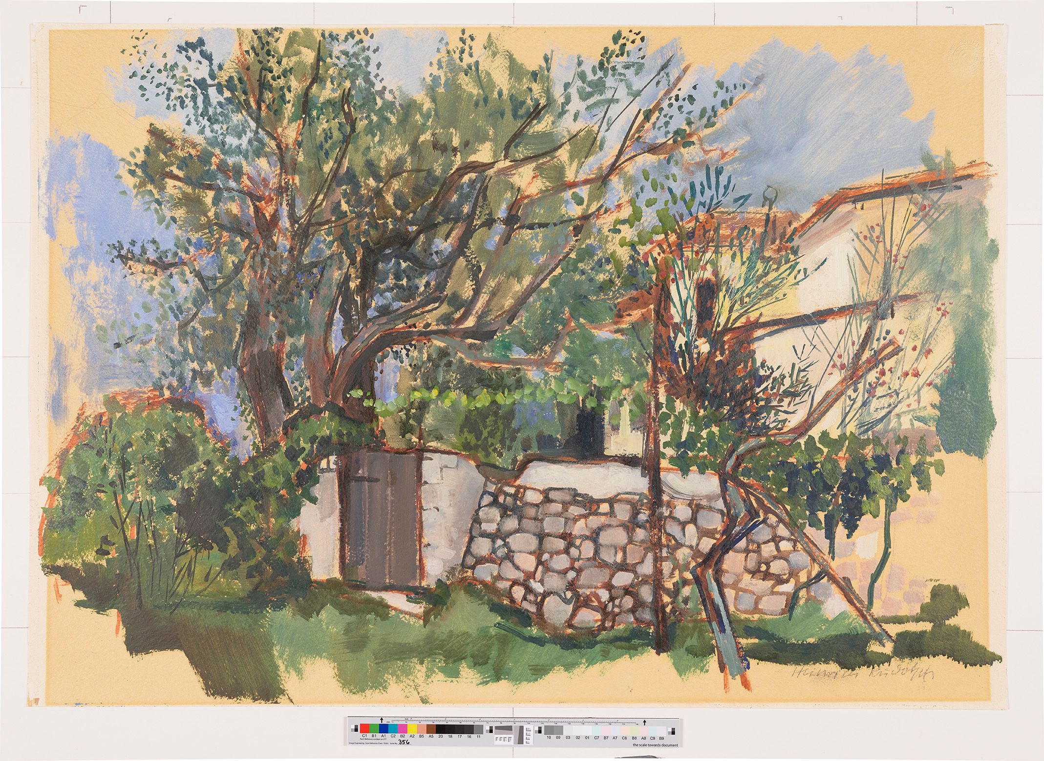 Öl Grafik. Haus und Garten am Gardasee. Das Haus ist hinter vielen verschiedenen Bäumen und Pflanzen versteckt und mit einer Steinmauer umrandet. 