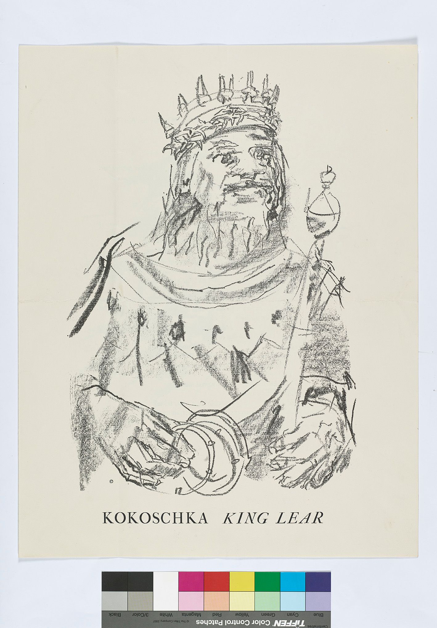 Skizze. Portrait von König Lear mit einer Krone und einem Zepter in der Hand. 