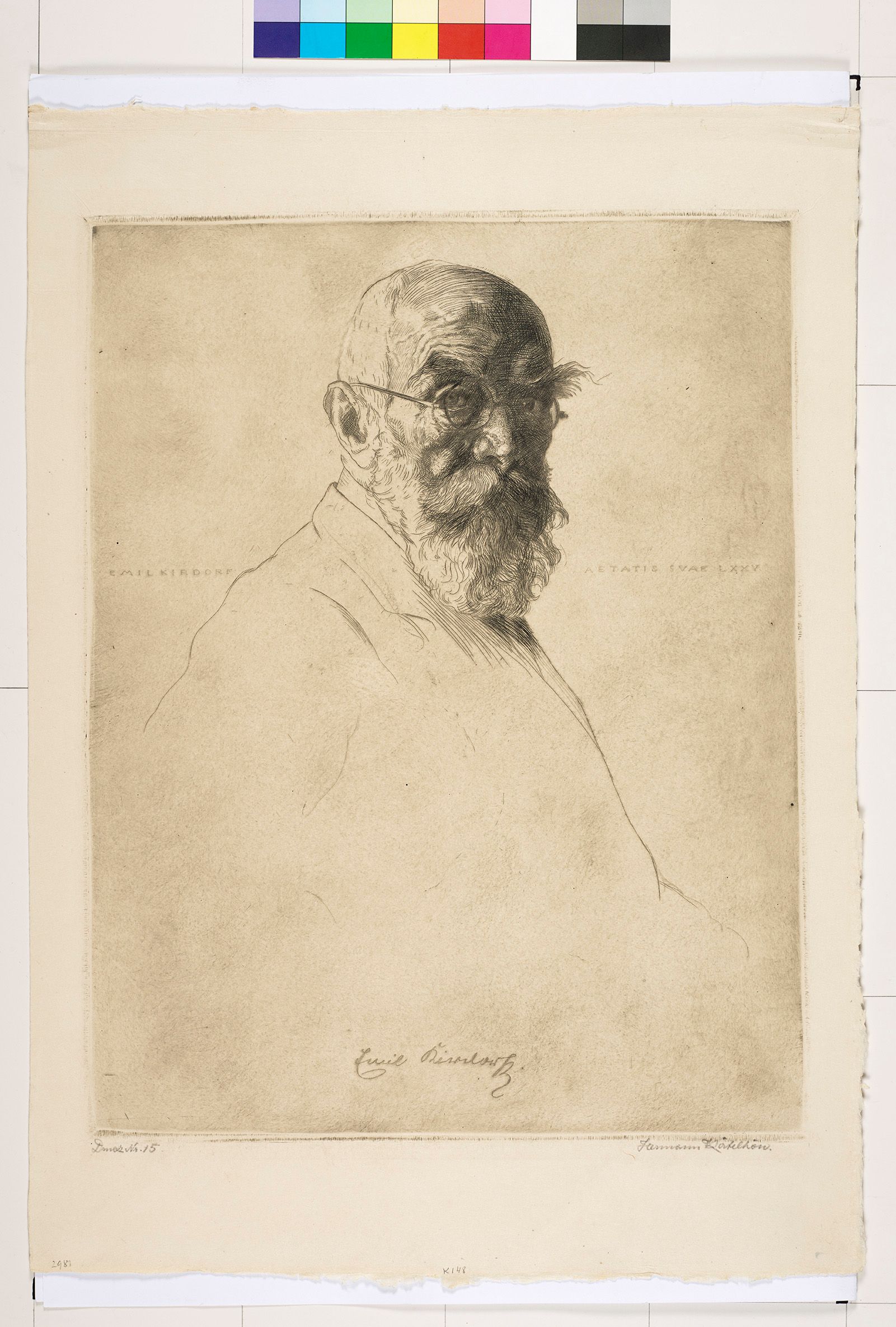 Unvollständige Portraitzeichnung von Emil Kirdorf. Alter Mann mit Bart und Brille.