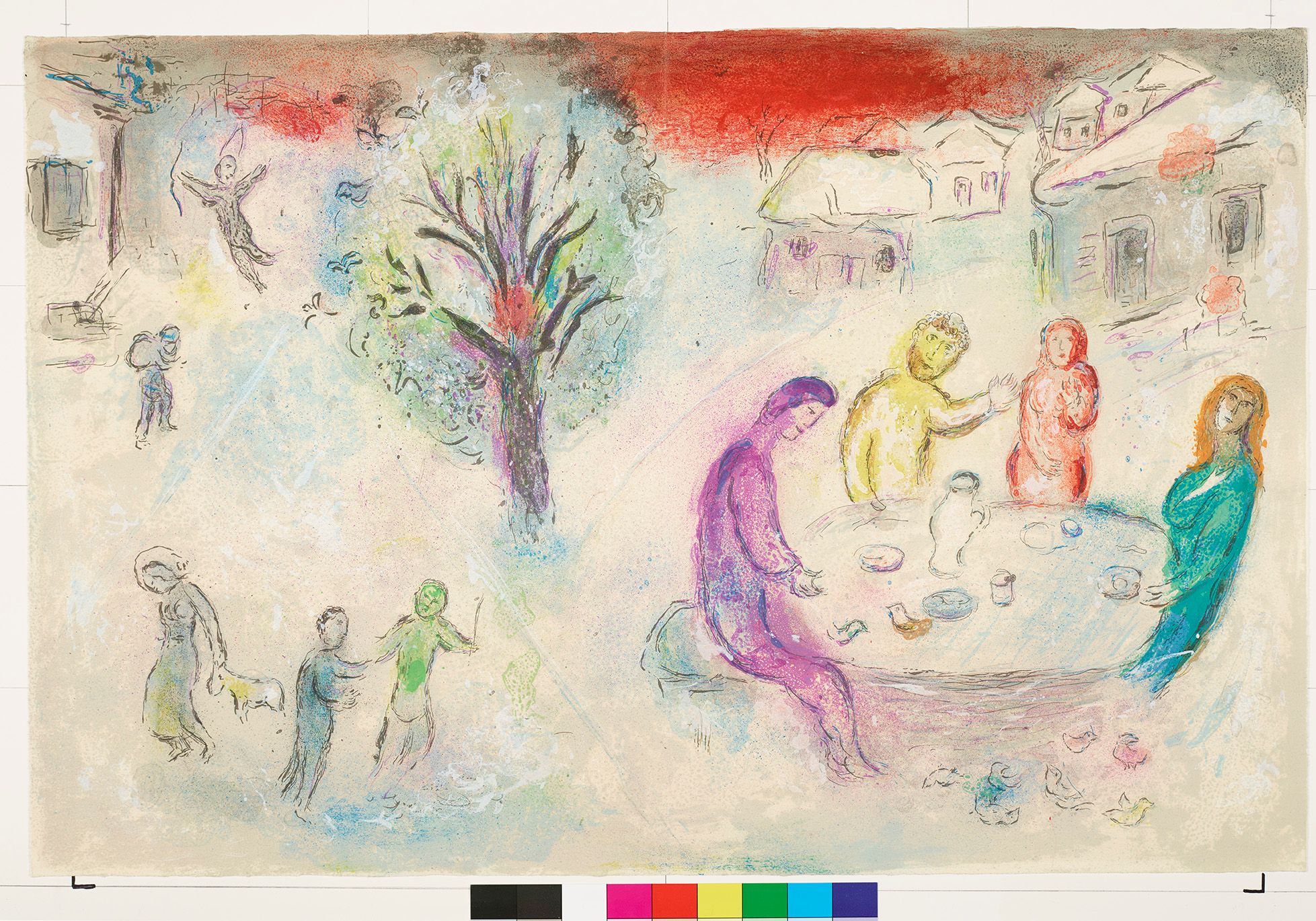 Abstraktes Bildmotiv. Am unteren rechten Bildrand sitzen vier Personen an einem Tisch. Im Hintergrund sind Häuser. In der Mitte ist ein großer Baum. Am unteren linken Bildrand sind drei weitere Personen.