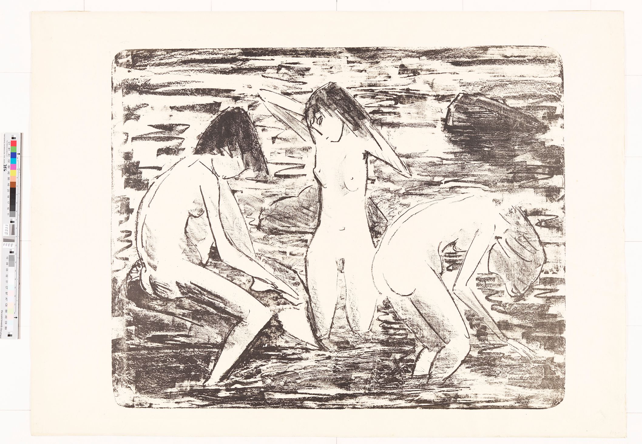 Drei junge Frauen beim baden: die linke sitzt auf einem Stein und wäscht ihren Fuß, die mittlere fährt sich durch die Haare, die rechte beugt sich zum Wasser herunter.