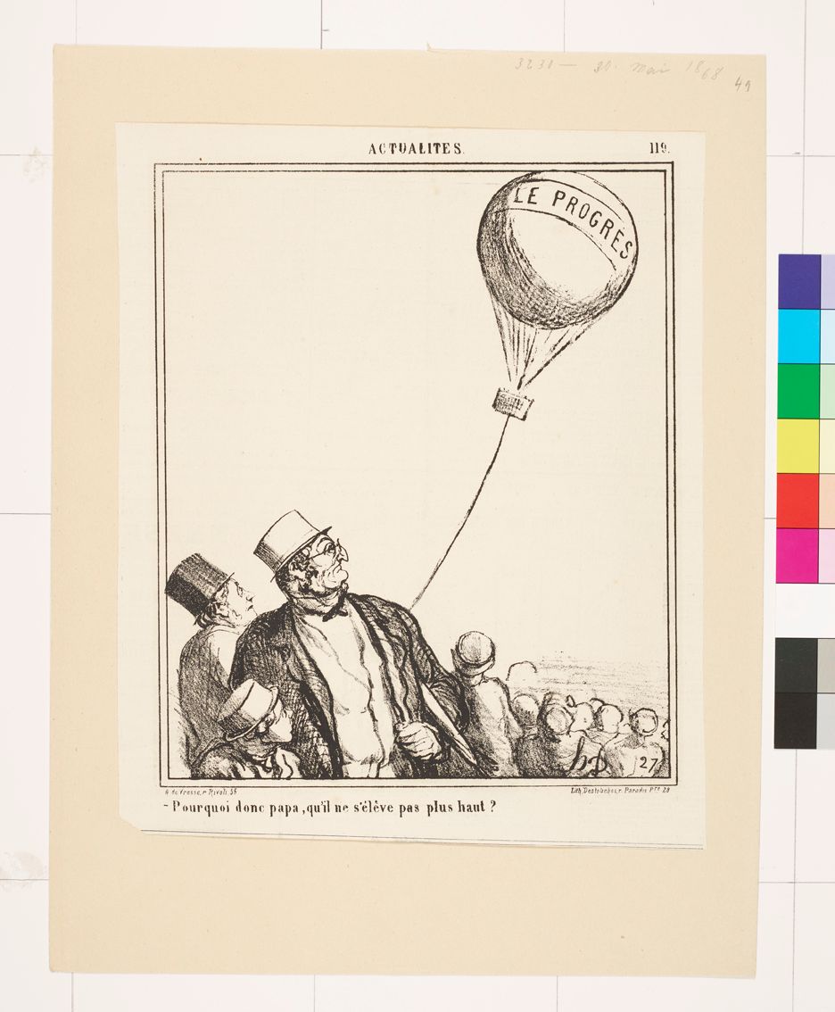 Zeichnung einer Menschenmenge. Im Vordergrund ist ein alter Mann und ein kleiner Junge in Anzug mit Zylinder. Alle Personen schauen nach oben. Am oberen rechten Bildrand fliegt ein Heißluftballon mit einem Schriftzug.