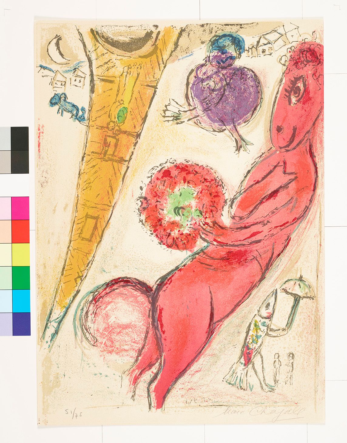 Abstraktes Bildmotiv von einem roten Tier und drei bunten Kugeln. Links daneben ist ein umgekehrter Eifelturm. 