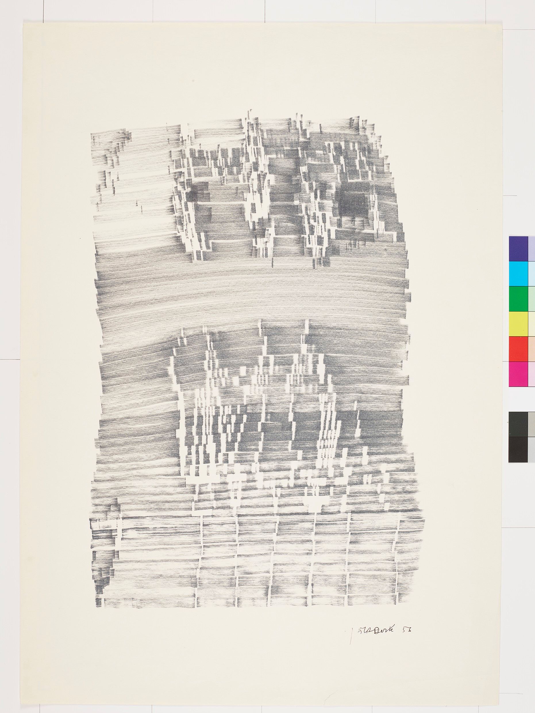 Abstraktes Bildmotiv. Waagerecht unebene Striche in unterschiedlichen Längen. 