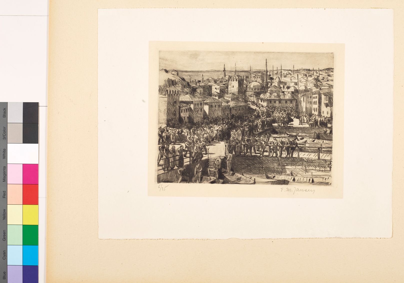 Zeichnung. Eine Stadtaussicht und ein Hafen mit einer Menschenmenge. An einem Boot ist ein Mann mit einem Heiligenschein.