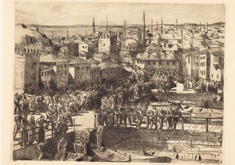 Zeichnung. Eine Stadtaussicht und ein Hafen mit einer Menschenmenge. An einem Boot ist ein Mann mit einem Heiligenschein.
