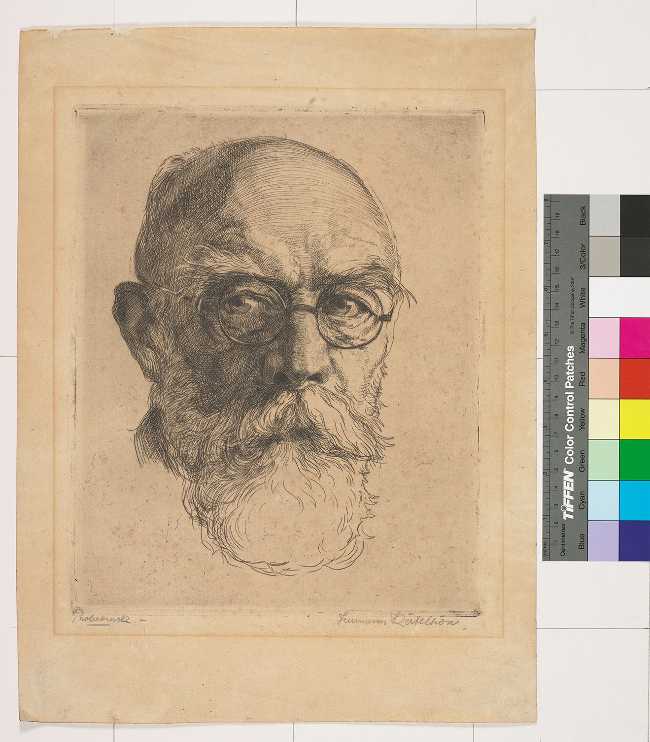 Portraitzeichnung von Emil Kirdorf. Alter Mann mit Bart und Brille.