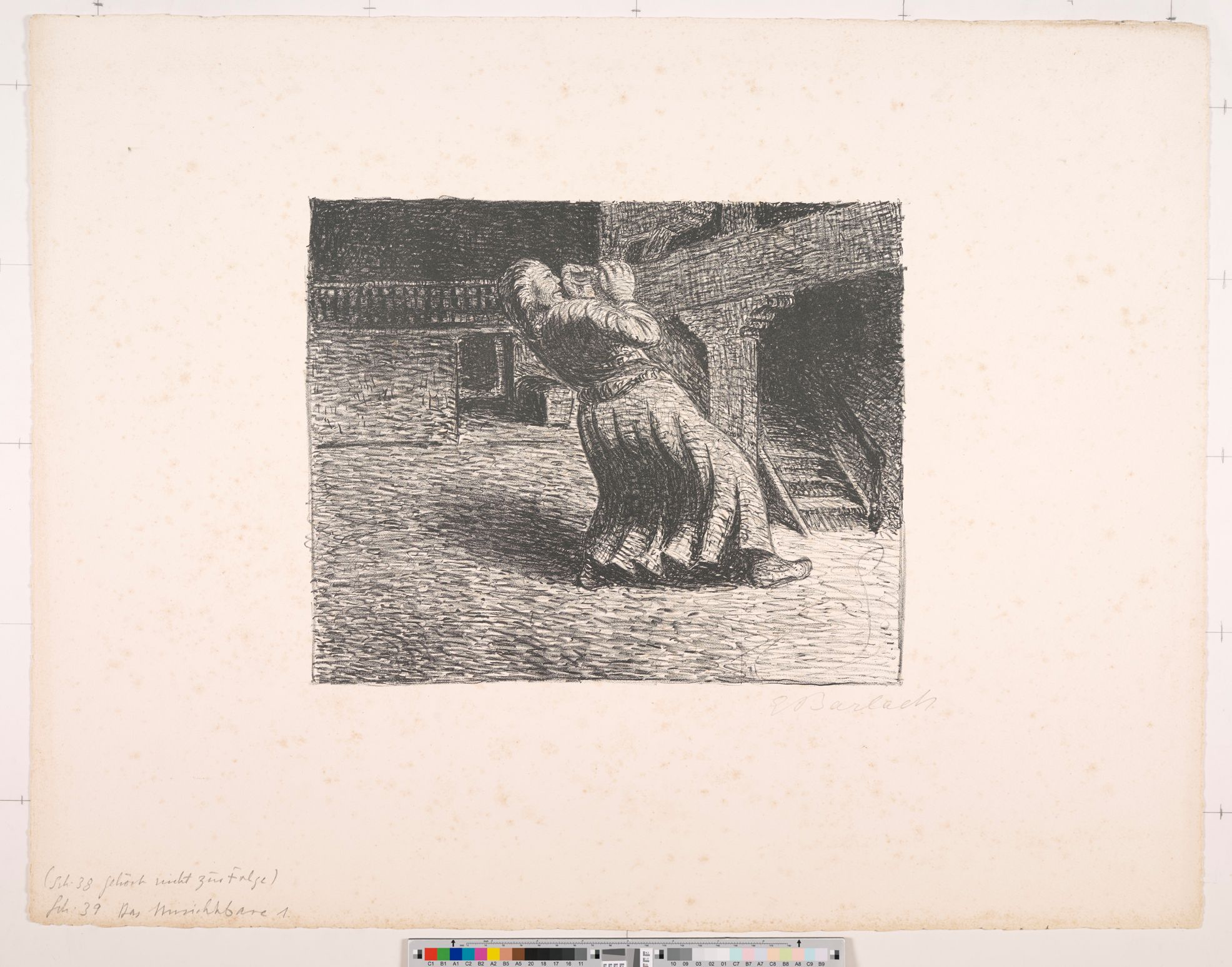 Zeichnung. Eine nach hinten fallende Frau. Sie hat ein verschrecktes Gesicht und hält ihre Hände in Abwehrhaltung.