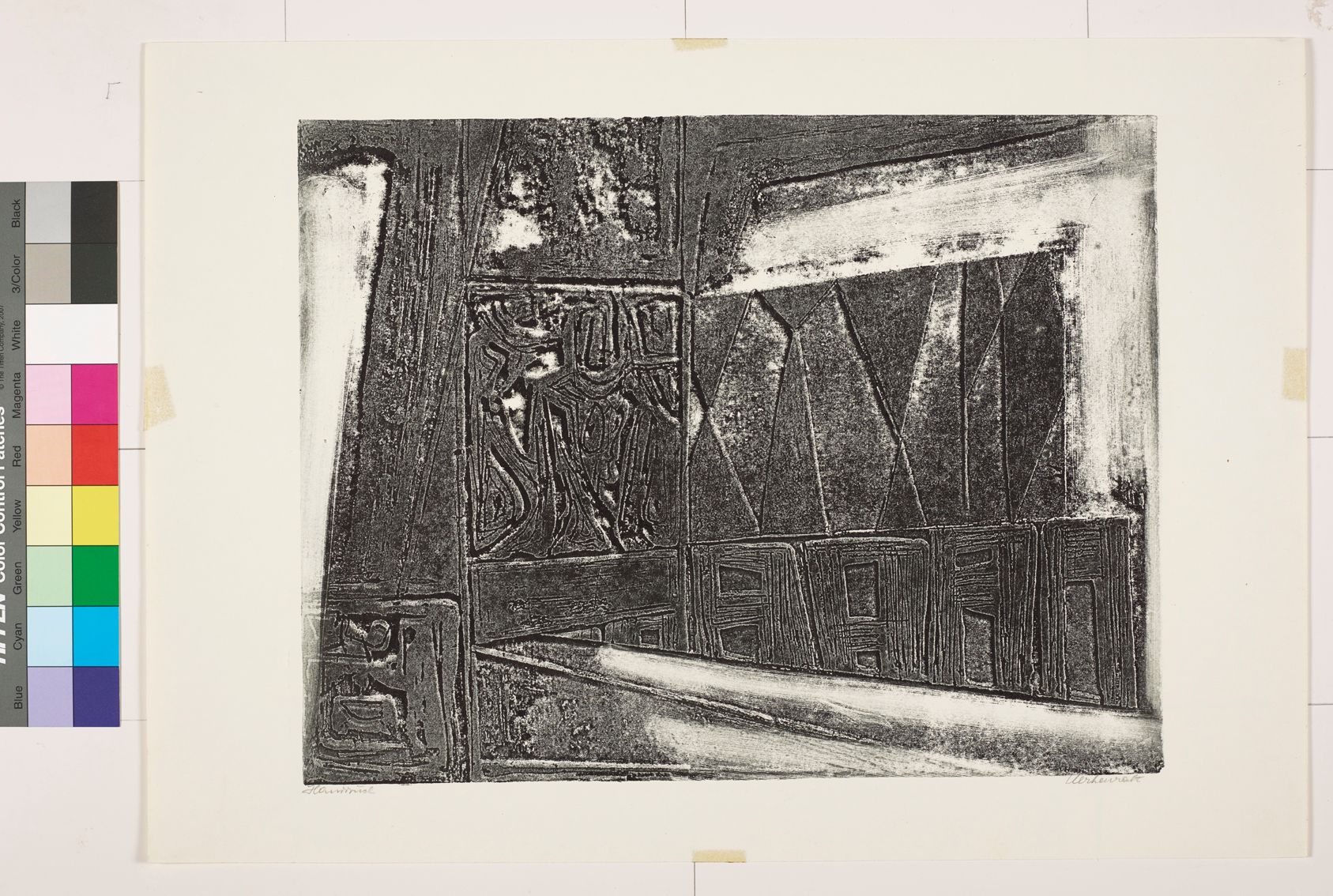 Petroglyphe. In Stein gearbeitetes Motiv durch Gravierung. Abstrakte Bildmotive und viereckige Einteilung (Schwarz-Weiß).