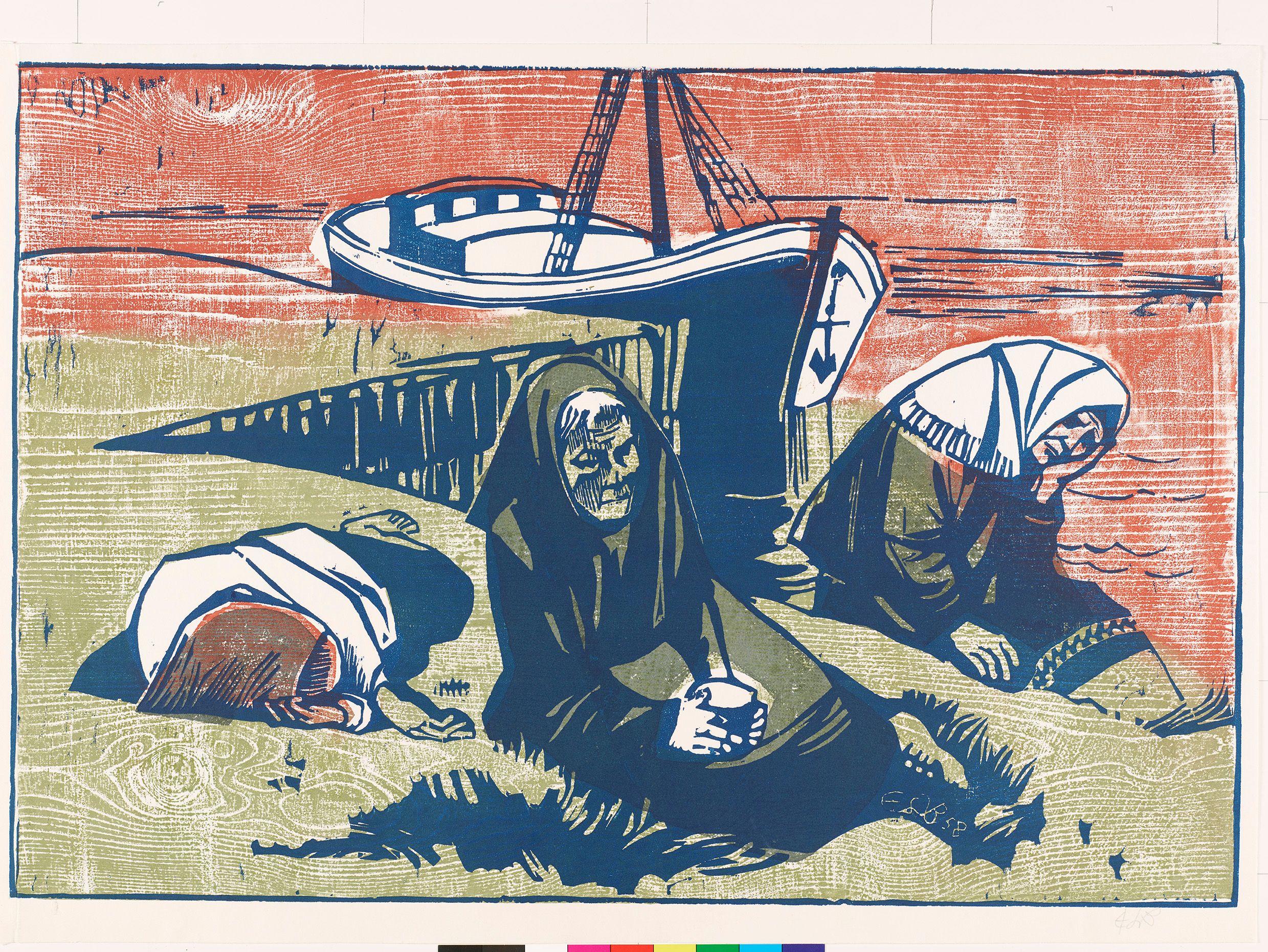 Abstraktes Bildmotiv von drei armen Frauen an einem Kliff. Im Hintergrund ist ein großes Schiff.