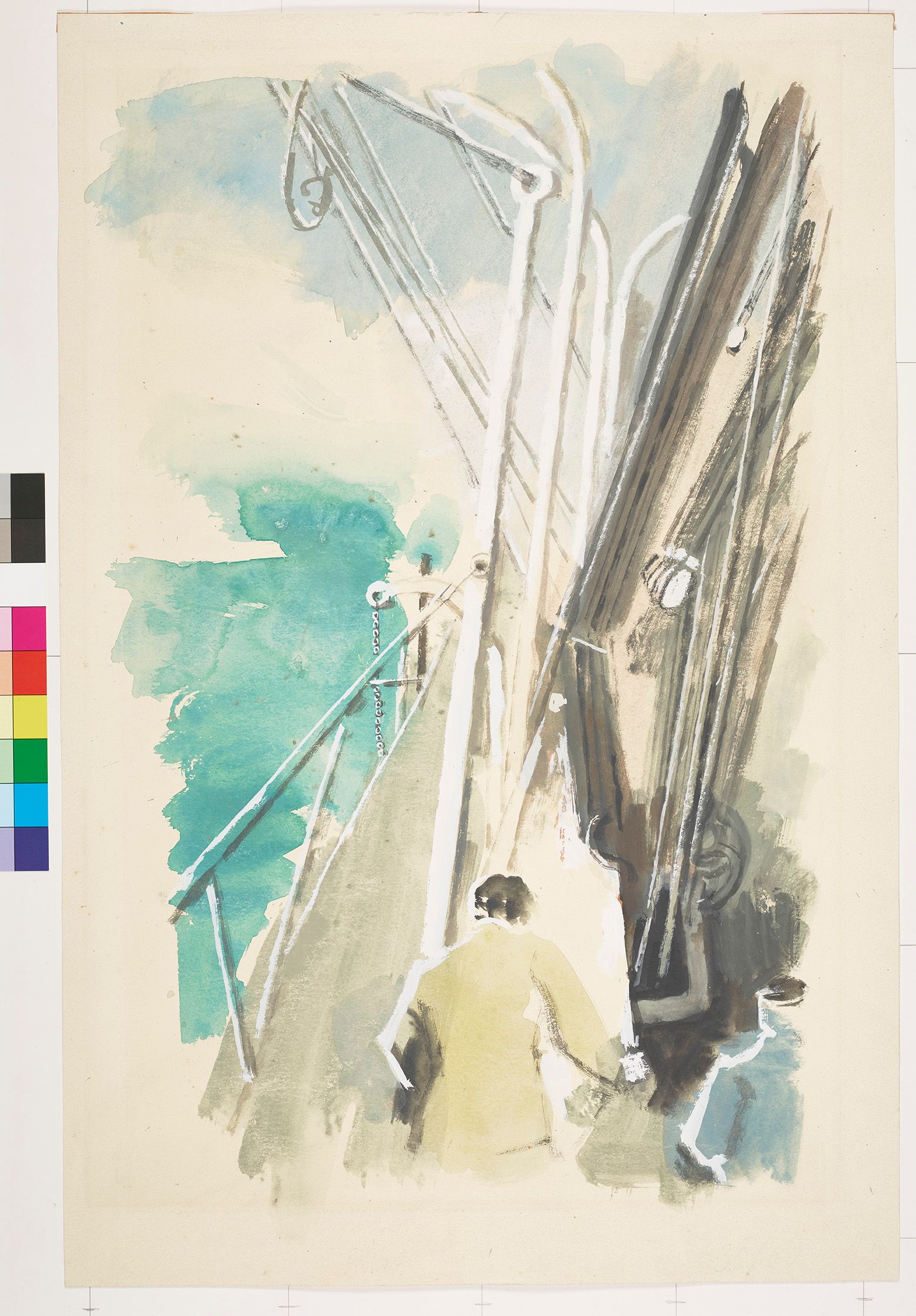 Abstrakte Darstellung eines Segelschiffs mit zwei Personen.