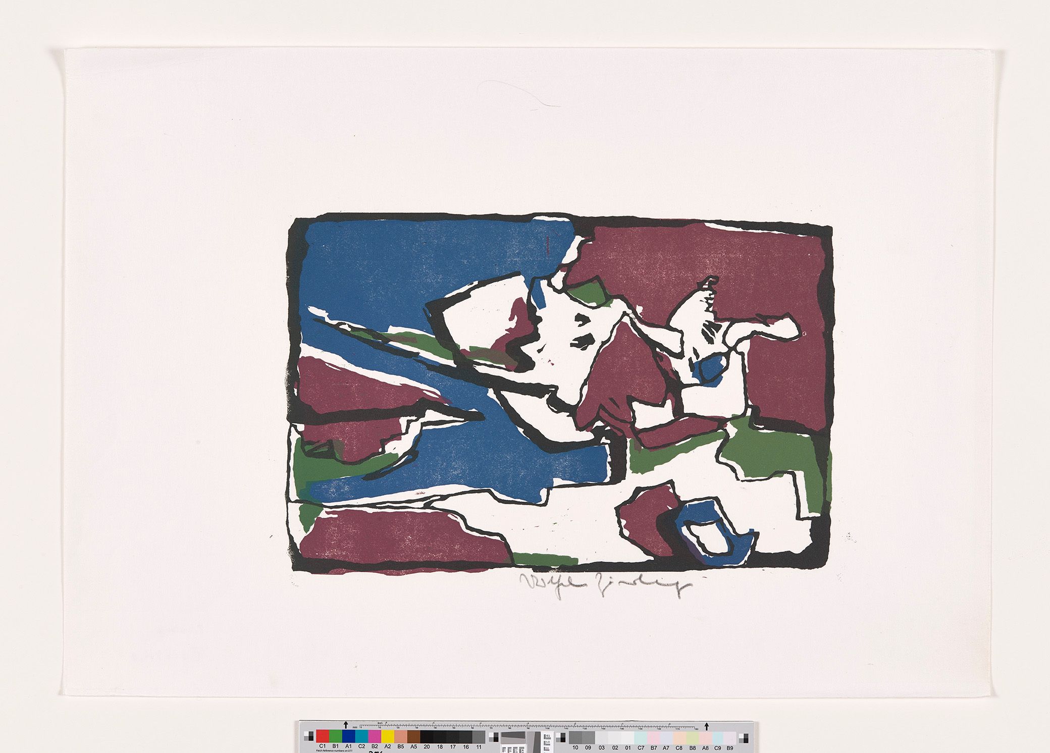 Komposition aus blauen, rostroten und grünen Feldern, die um weiße Felder im Zentrum herum angeordnet sind.