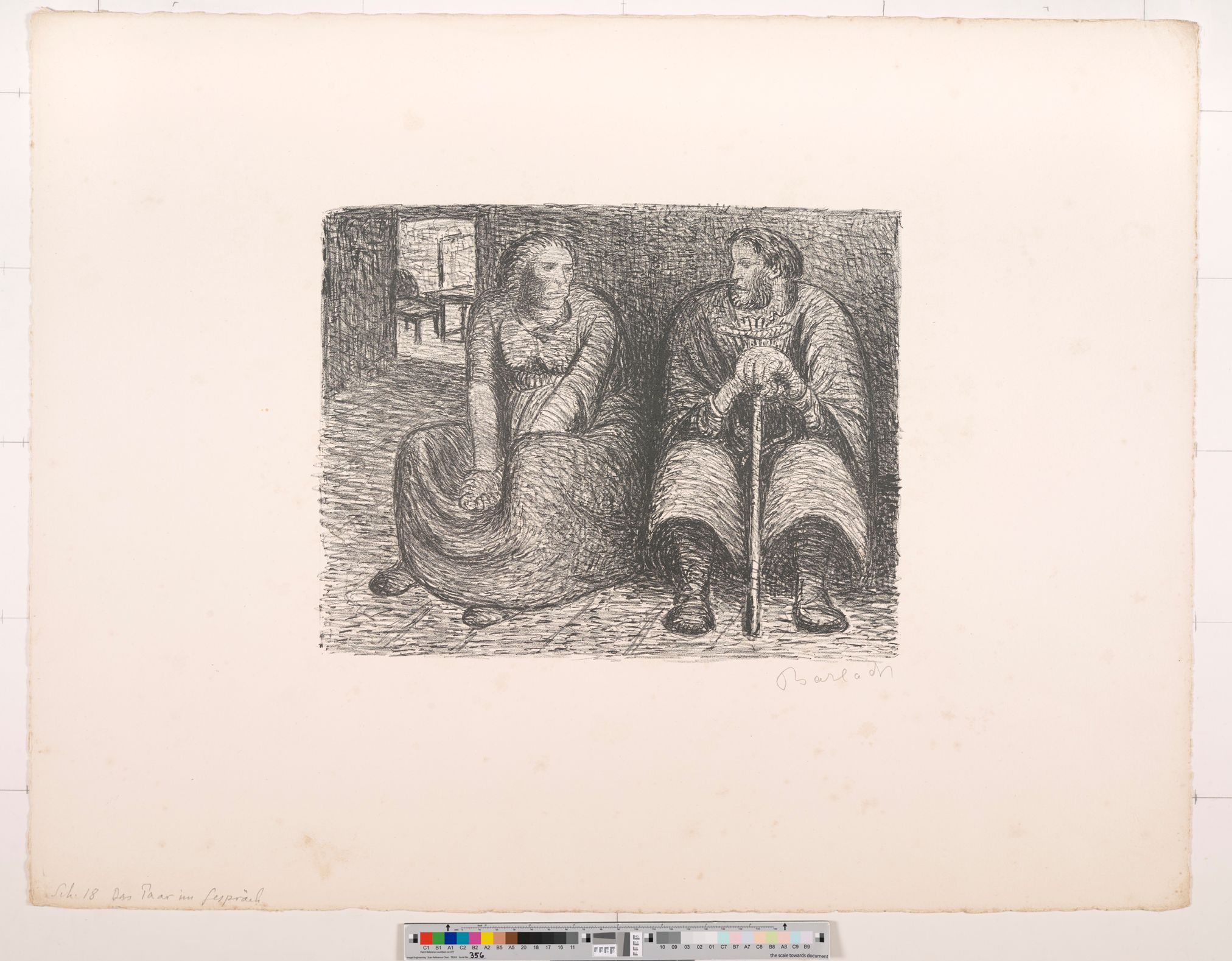 Skizze. Zwei sitzende Personen (Frau, Mann) schauen sich an. Der Mann hat einen Gehstock.