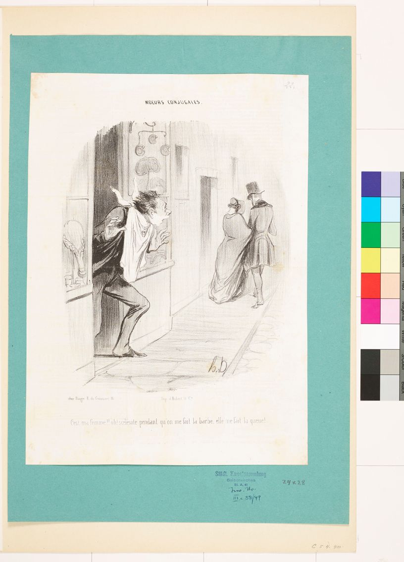 Zeichnung. Ein aus einem Laden kommender Mann und ein Paar mit dem Rücken zu ihm.