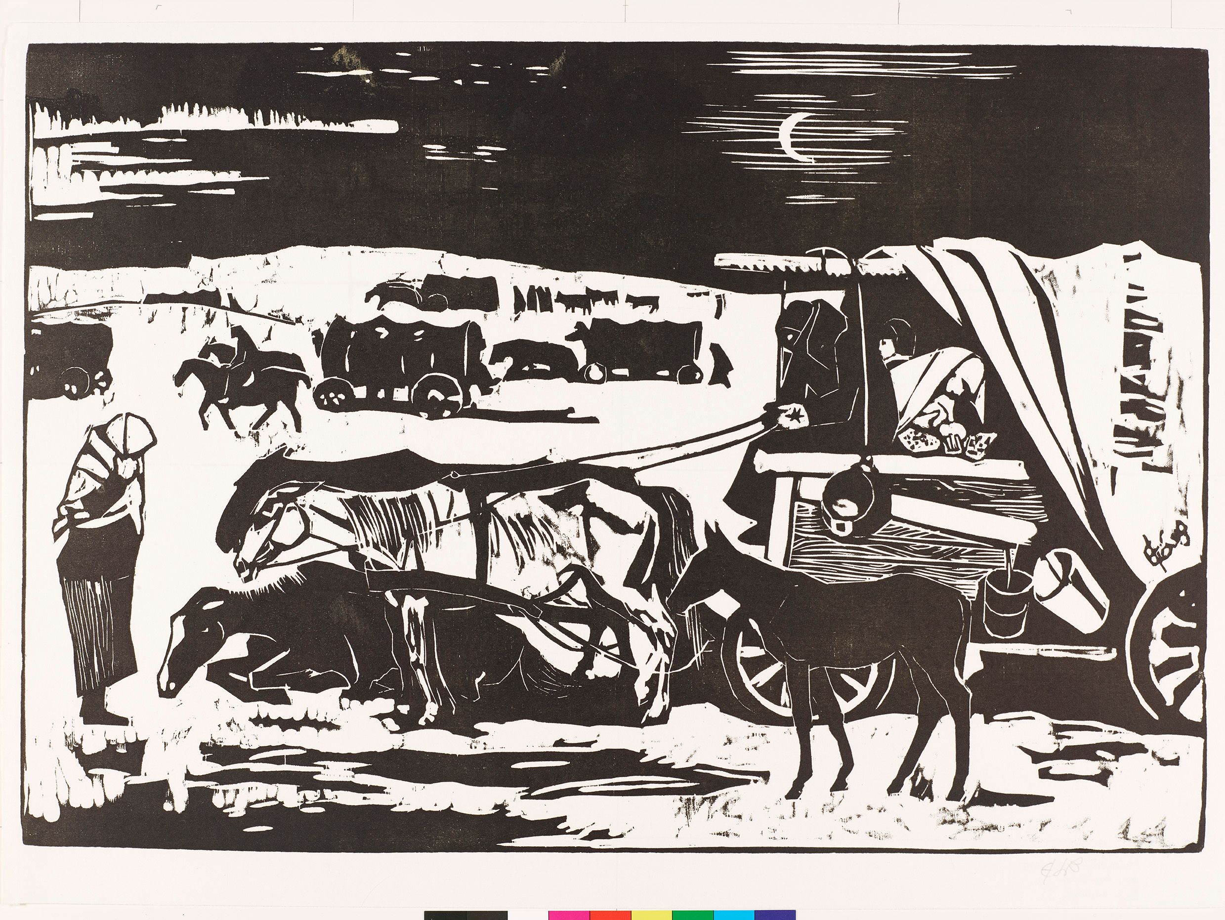 Abstraktes Bildmotiv. Eine nächtliche Szene von vielen Kutschen und Reisenden.