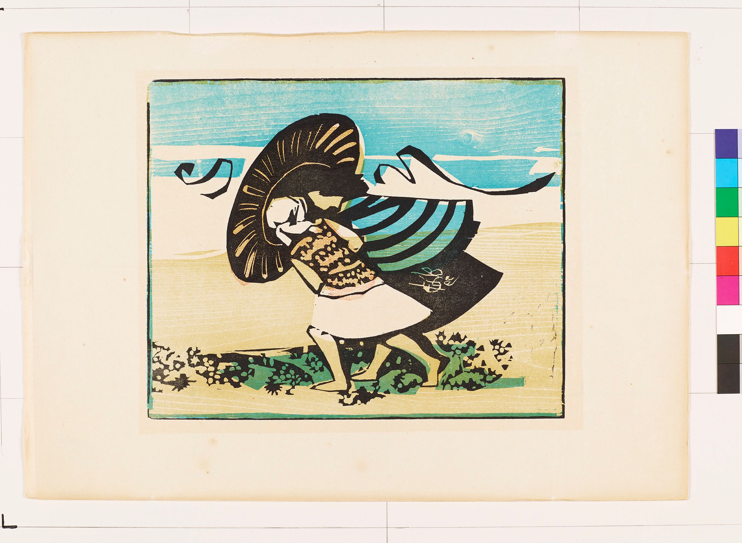 Abstraktes Bildmotiv von zwei Mädchen mit einem Schirm, die gegen den starken Wind laufen. 