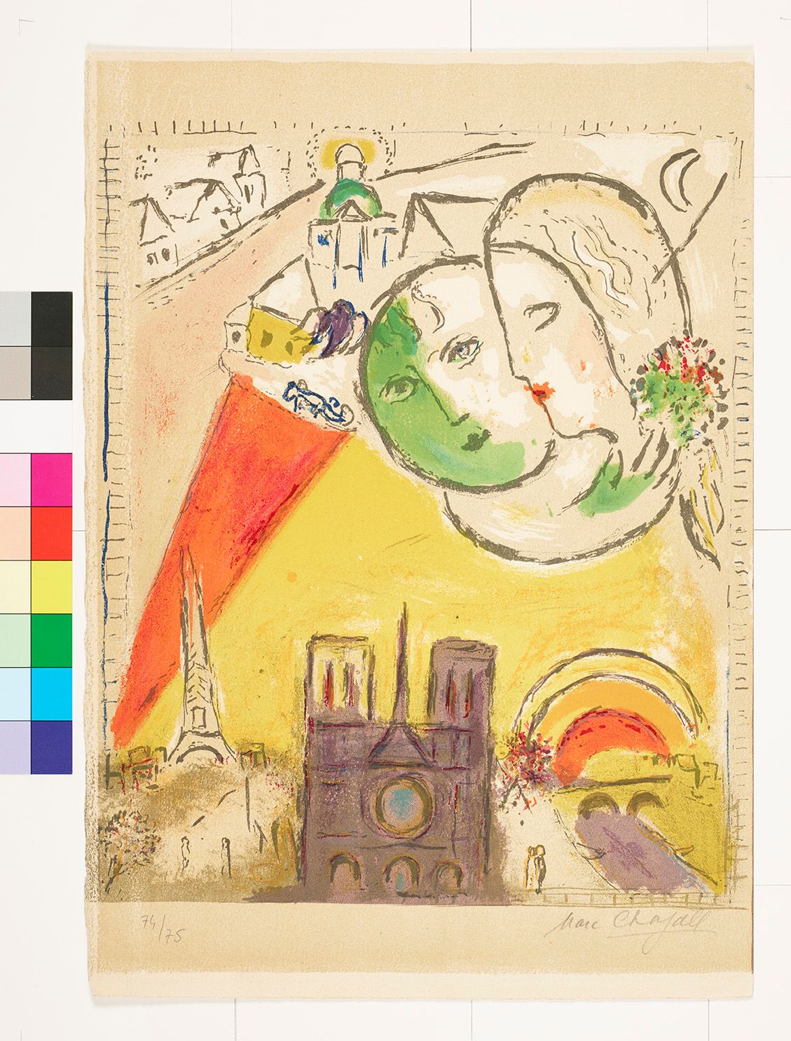 Abstraktes Bildmotiv von zwei Gesichtern. Links oben am Bildrand ist eine Straße. Im unteren Teil ist der Eifelturm, die Kathedrale Nortre-Dame und eine Brücke mit Sonnenuntergang.