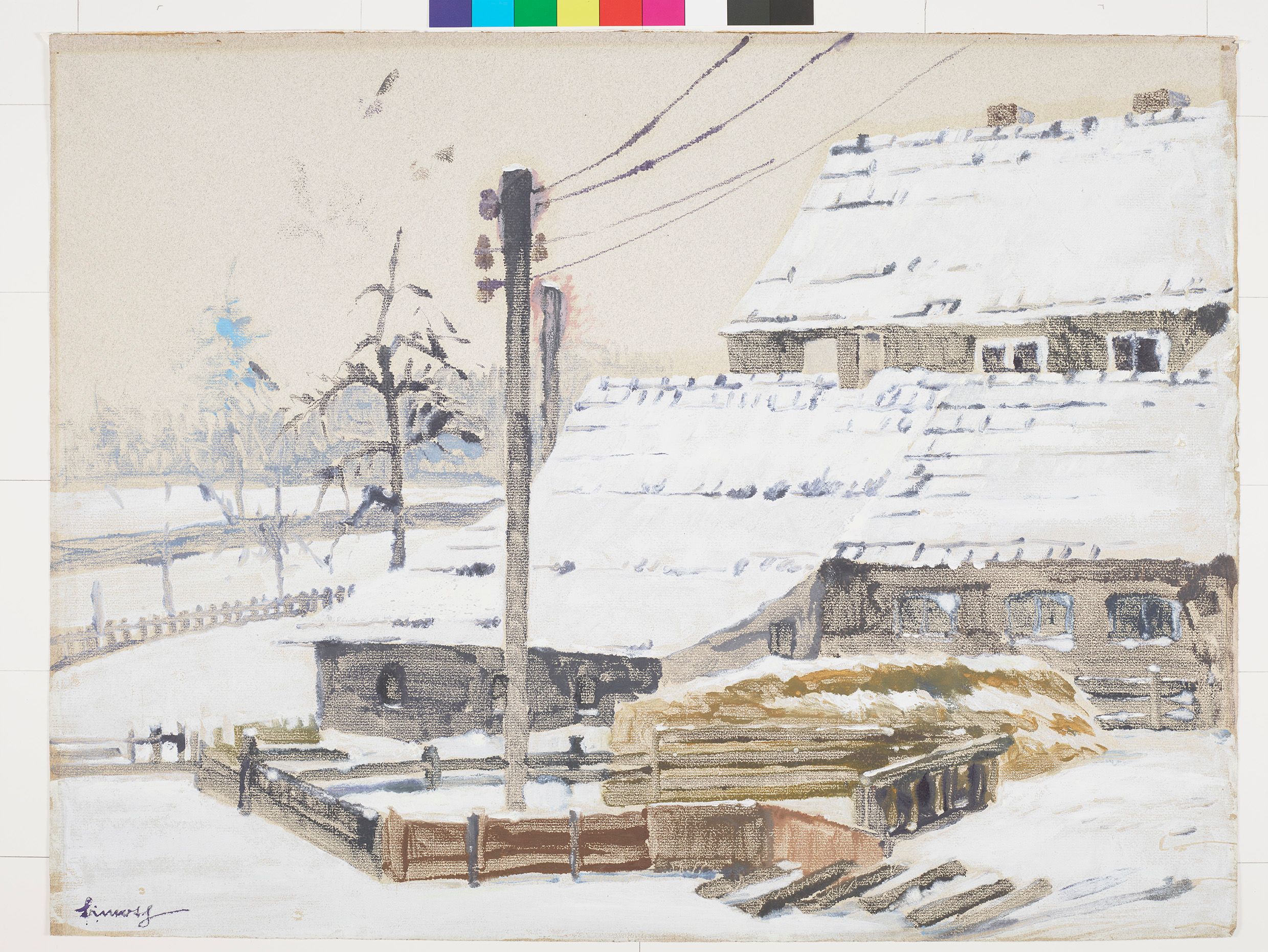 Gemälde. Verschneiter Bauernhof mit Blick auf eingeschneite Felder. 