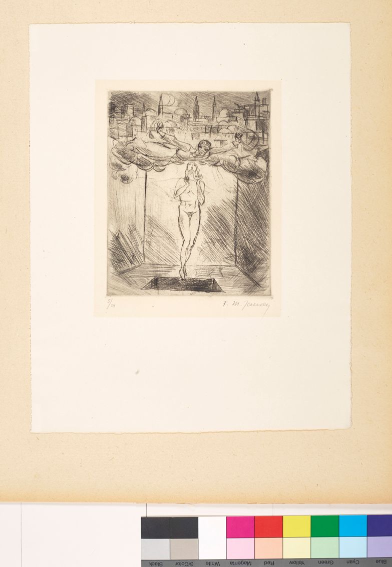 Zeichnung. Nackter Prophet schwebend in einer Grube. Über ihm ist ein Engel.