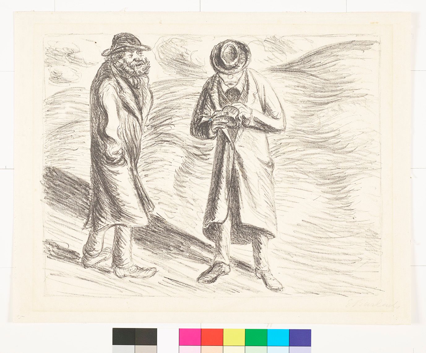 Skizze. Zwei Männer in Mänteln vor einem welligen Feld.