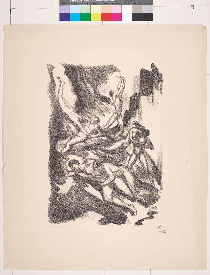 Zeichnung. Nackte Männer, die von nackten Frauen angegriffen werden.