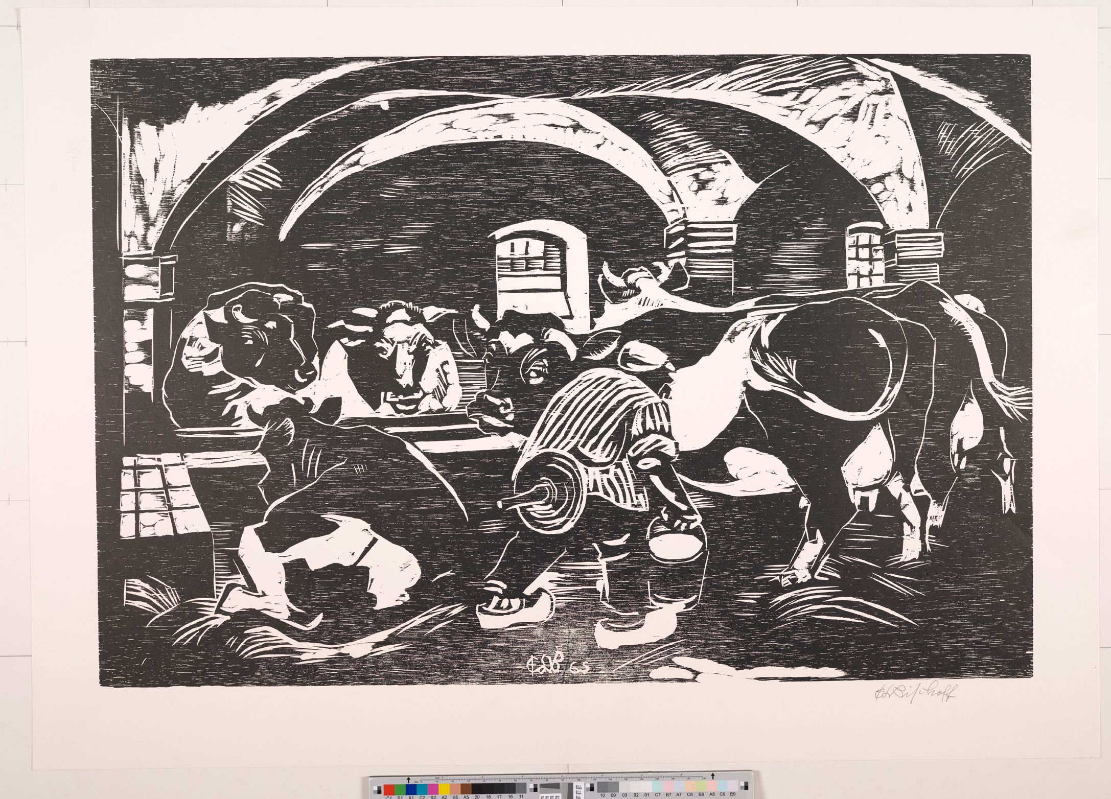 Abstraktes Bildmotiv von einer Scheune mit vielen Kühen und einem Mann, der eine Kuh melkt.