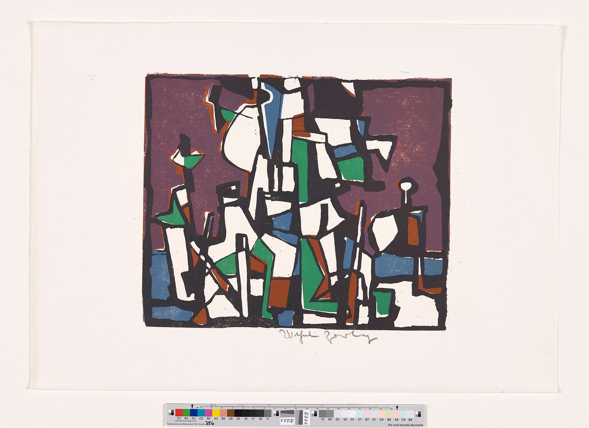 Komposition aus grünen, blaue und weißen Formen vor einem violetten Hintergrund.