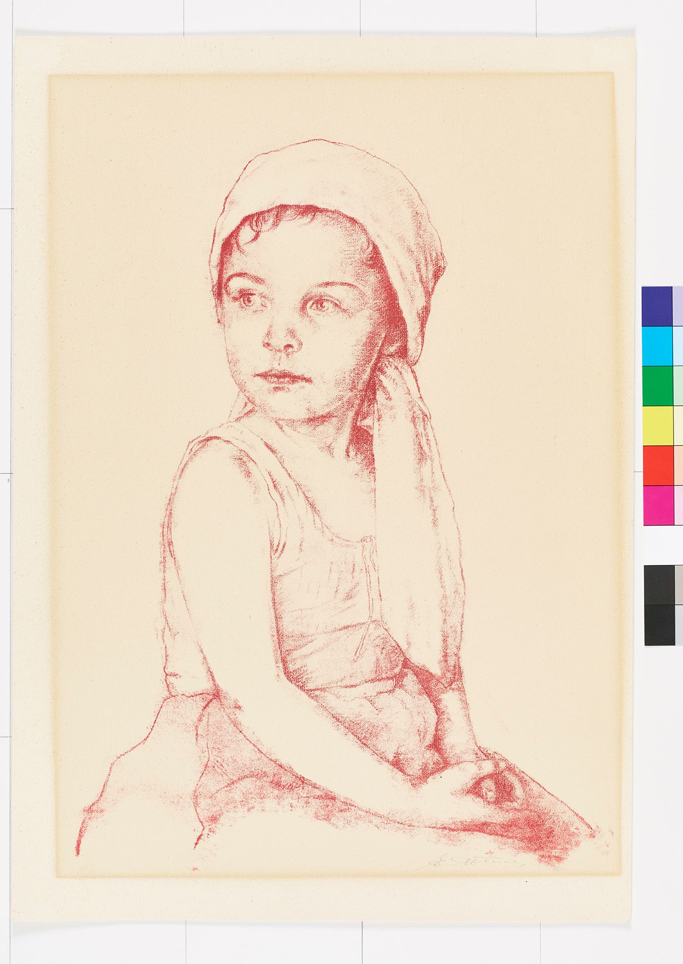 Zeichnung. Portrait eines kleinen Mädchens, die zur Seite schaut. Sie trägt ein Kleid und ein Kopftuch.