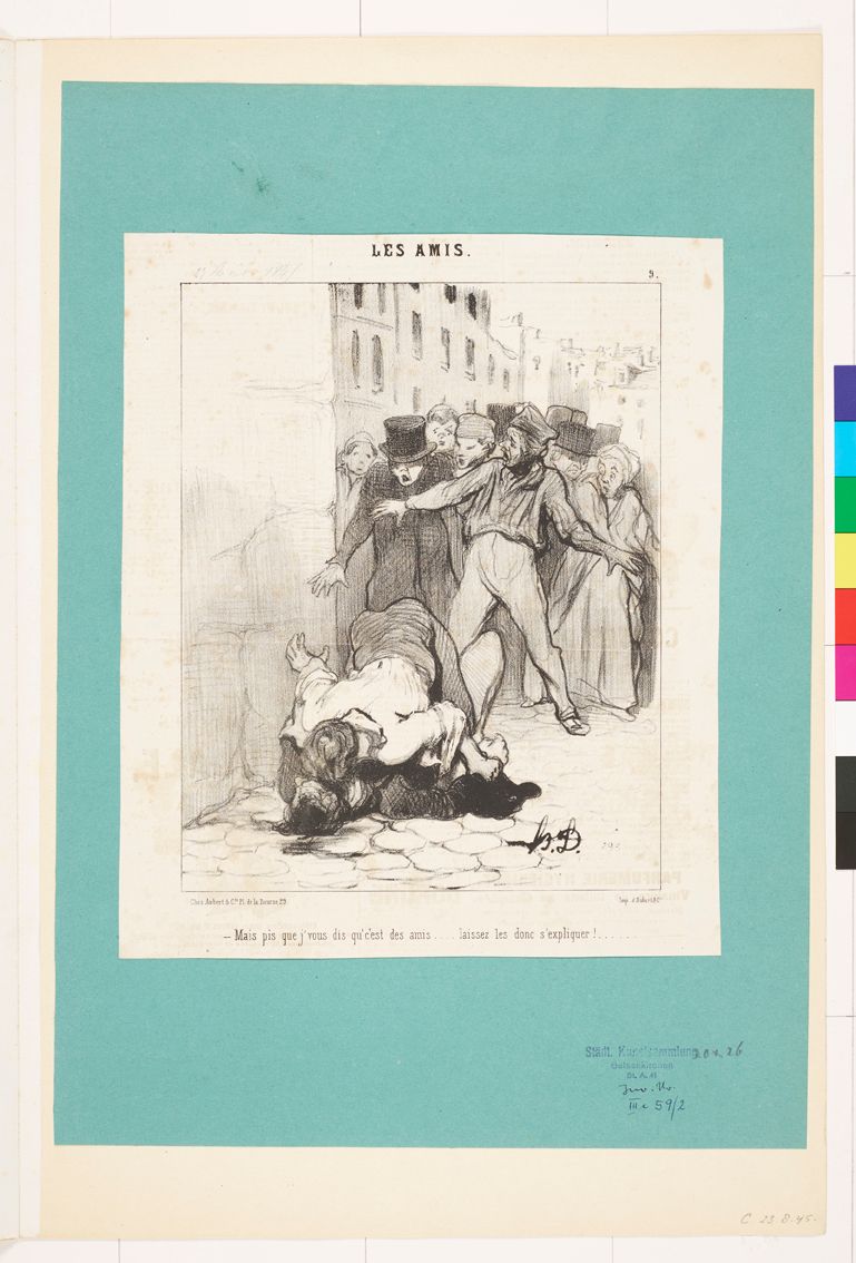 Zeichnung. Ein Paar, dass in der Öffentlichkeit Geschlechtsverkehr hat und eine entsetzte Menschenmenge. 