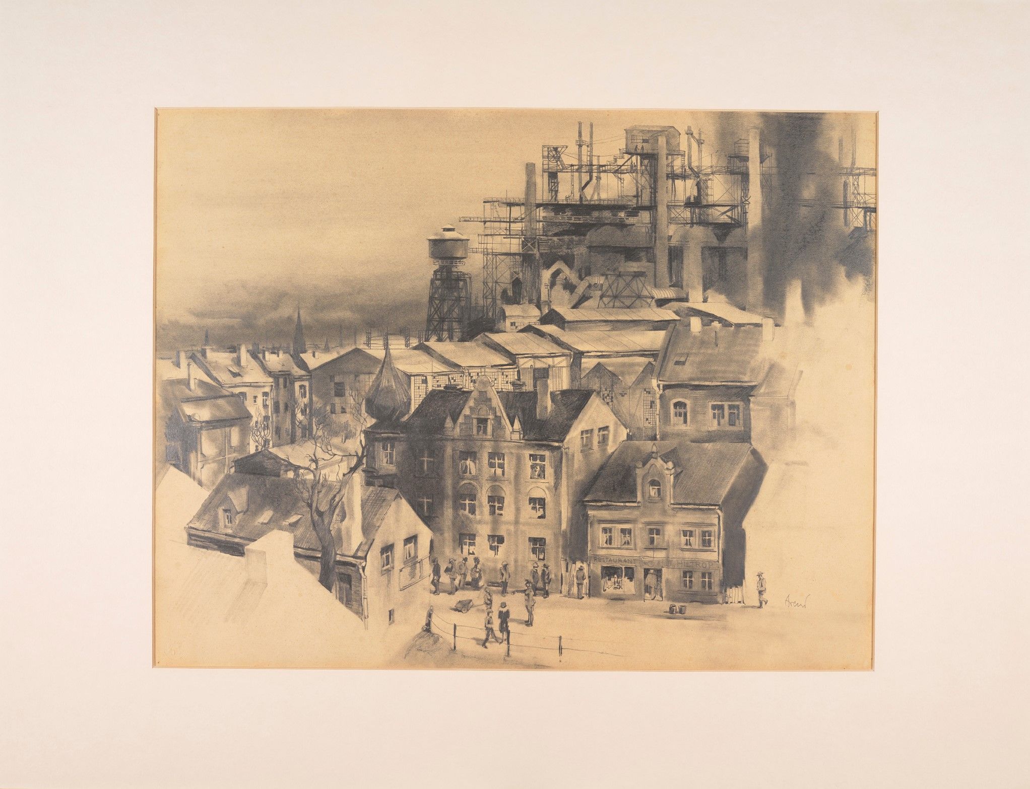 Stadtzeichnung mit Häusern und Industriegebäude (Hochwinkel Perspektive).