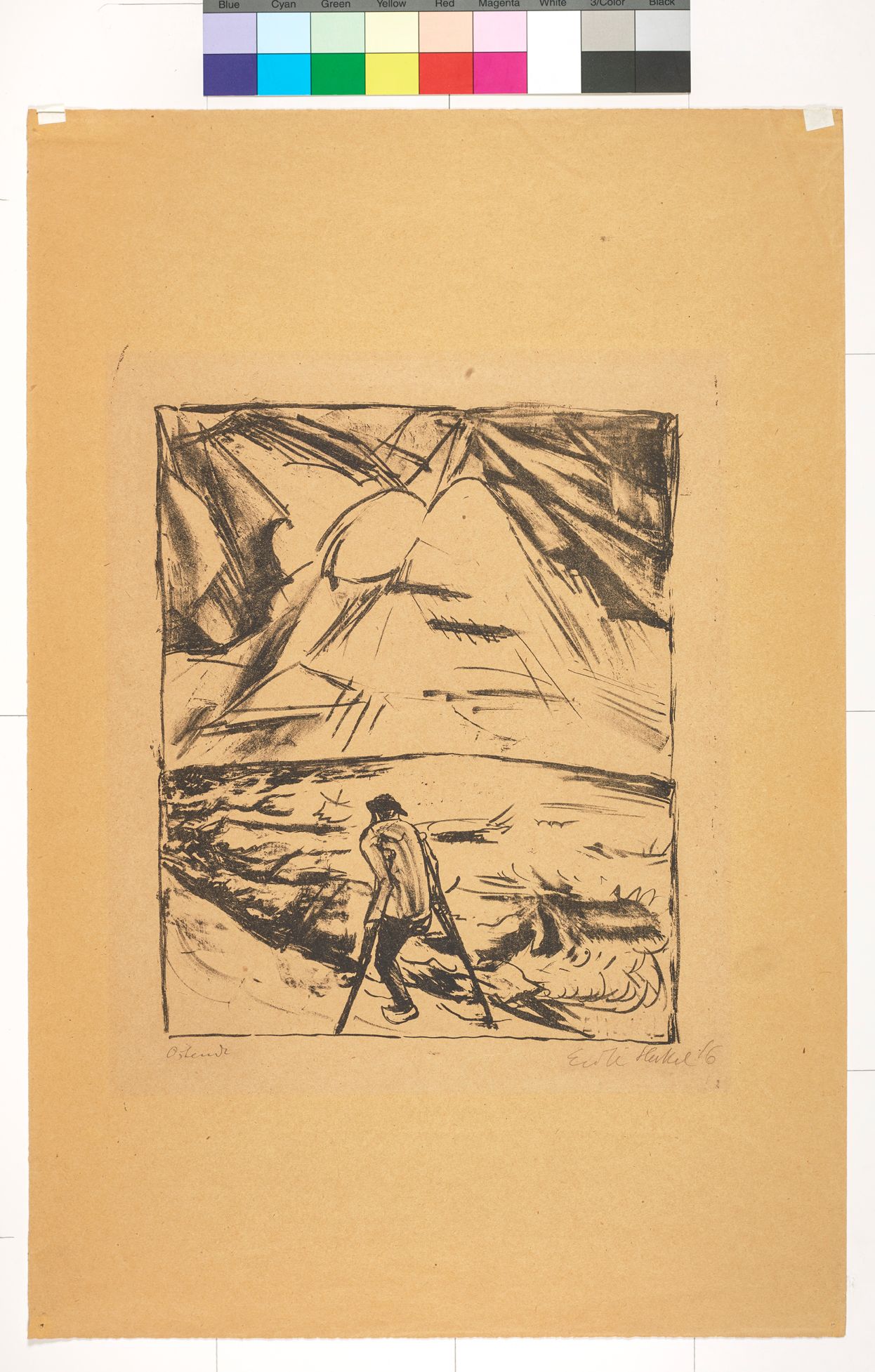 Abstrakte Zeichnung. Laufender Mann mit Krücken am Strand.  