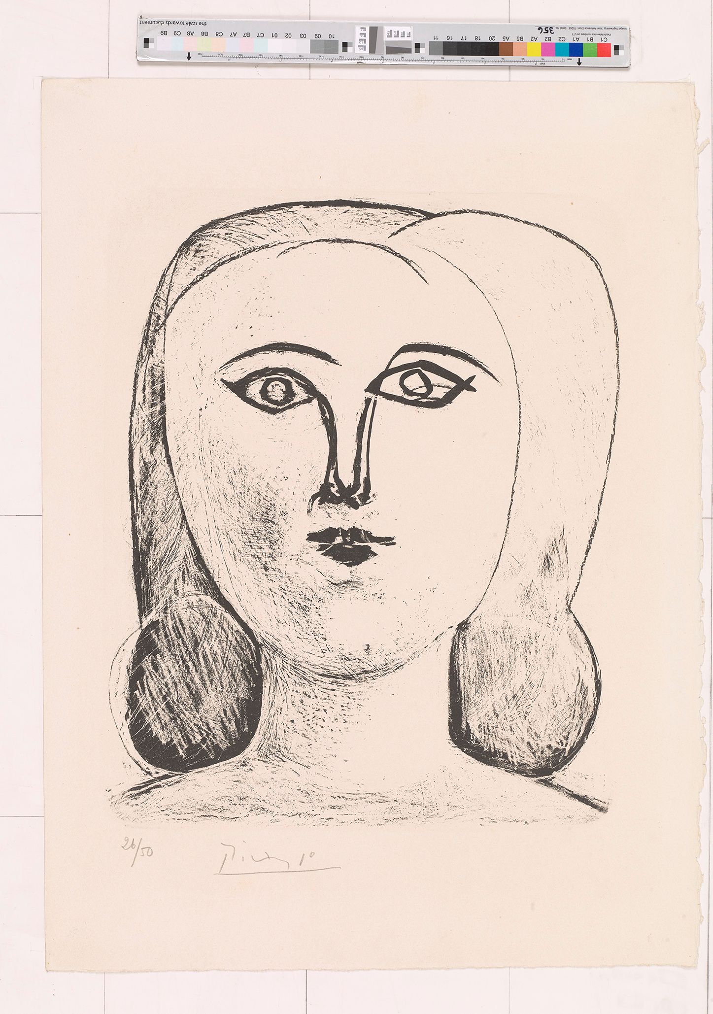 Lithografie. Portrait eines Mädchens. Reduziert auf die wichtigsten Details. 