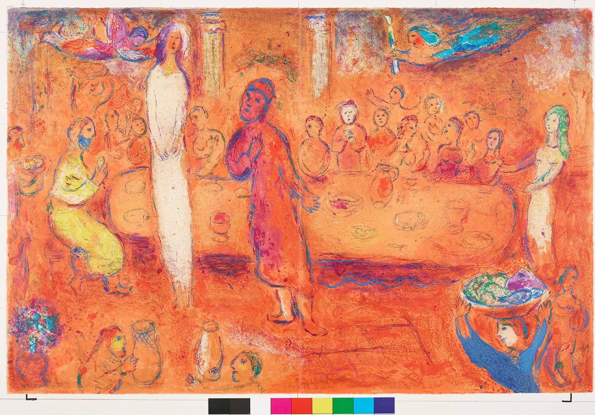 Abstraktes Bildmotiv. Ein Mann (in rot) steht neben einer großen Frau (in weiß). Im Hintergrund sitzen viele Menschen an einem langen Tisch. Oben am linken und rechten Bildrand fliegen zwei Figuren. Das Bild ist überwiegend in rot und orange gemalt.  