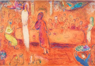 Abstraktes Bildmotiv. Ein Mann (in rot) steht neben einer großen Frau (in weiß). Im Hintergrund sitzen viele Menschen an einem langen Tisch. Oben am linken und rechten Bildrand fliegen zwei Figuren. Das Bild ist überwiegend in rot und orange gemalt.