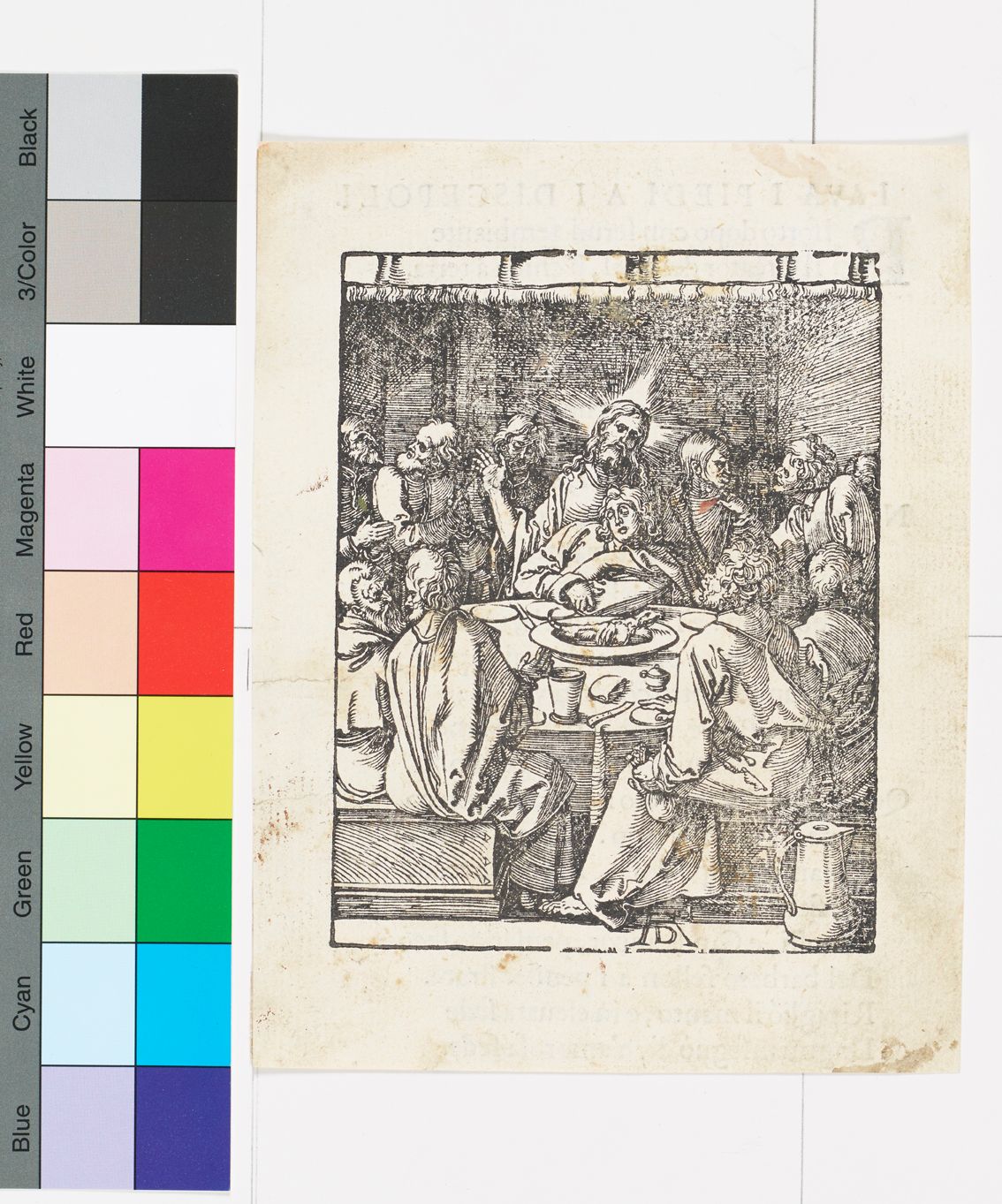 Kupferstich. Abendmahl. Jesus in der Mitte mit einem Heiligenschein. in seinen Armen liegt eine Person.