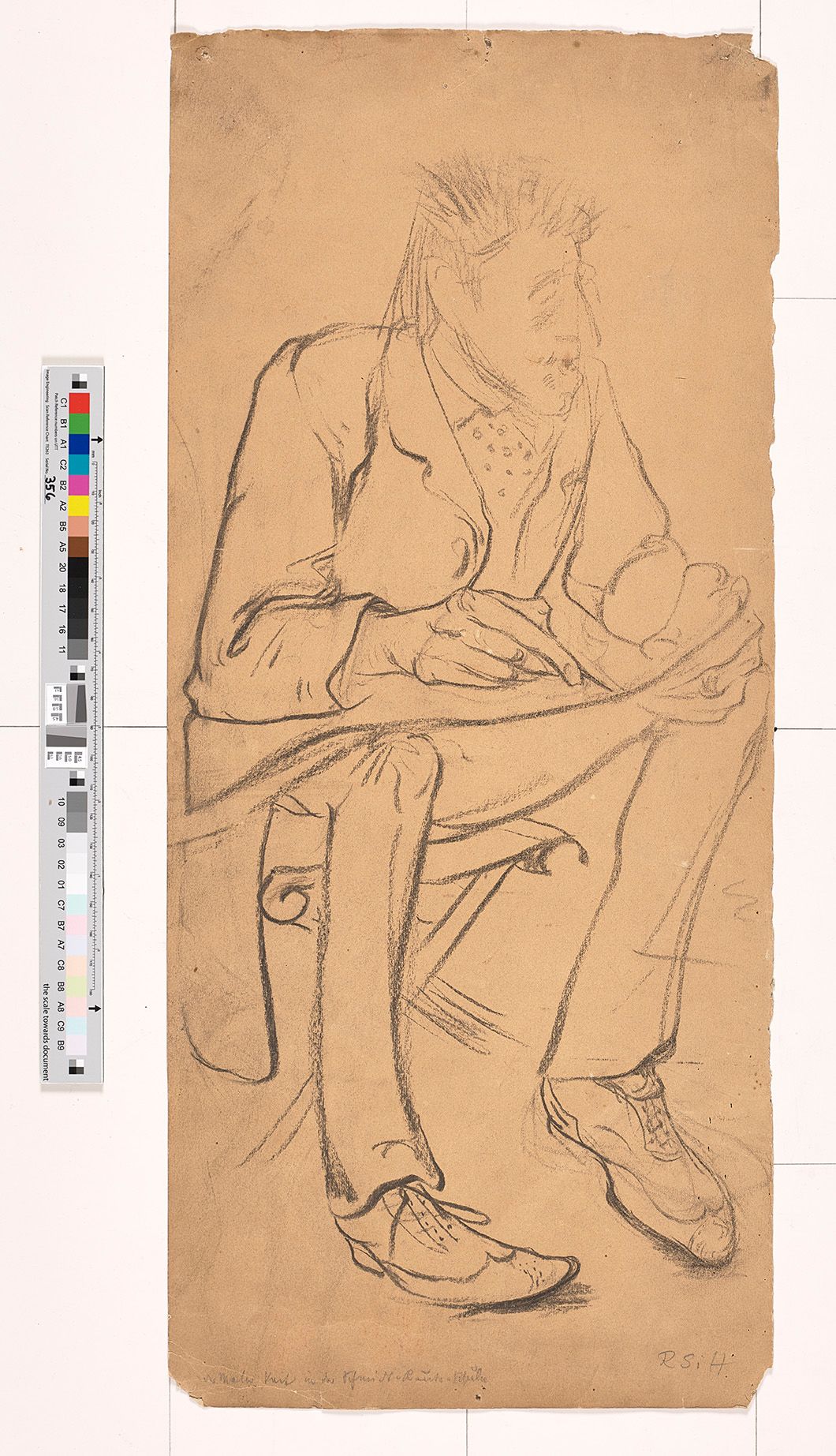 Bleistift Portrait eines Malers. Der Maler sitzt mit einem Kittel auf einem Hocker in der Schmidt-Reuther-Schule.