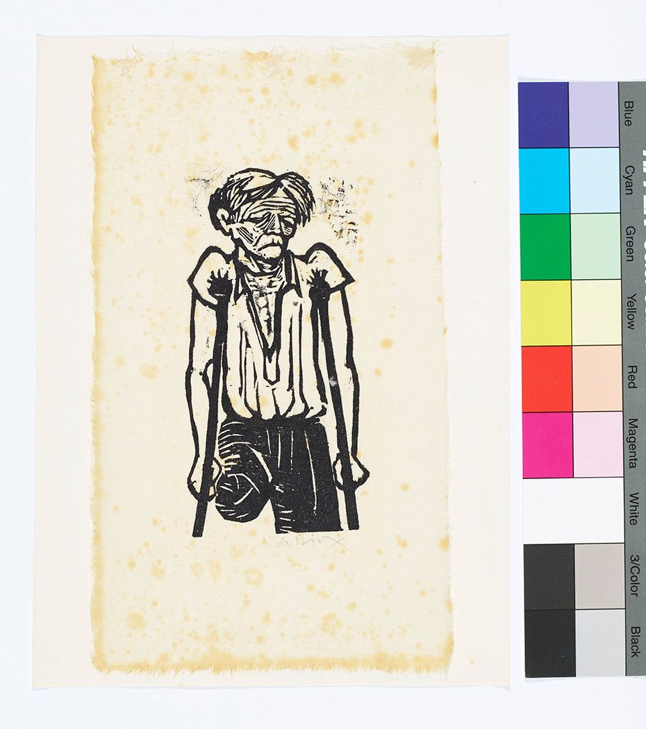 Abstrakte Darstellung eines Mannes mit einem Bein und Krücken. 