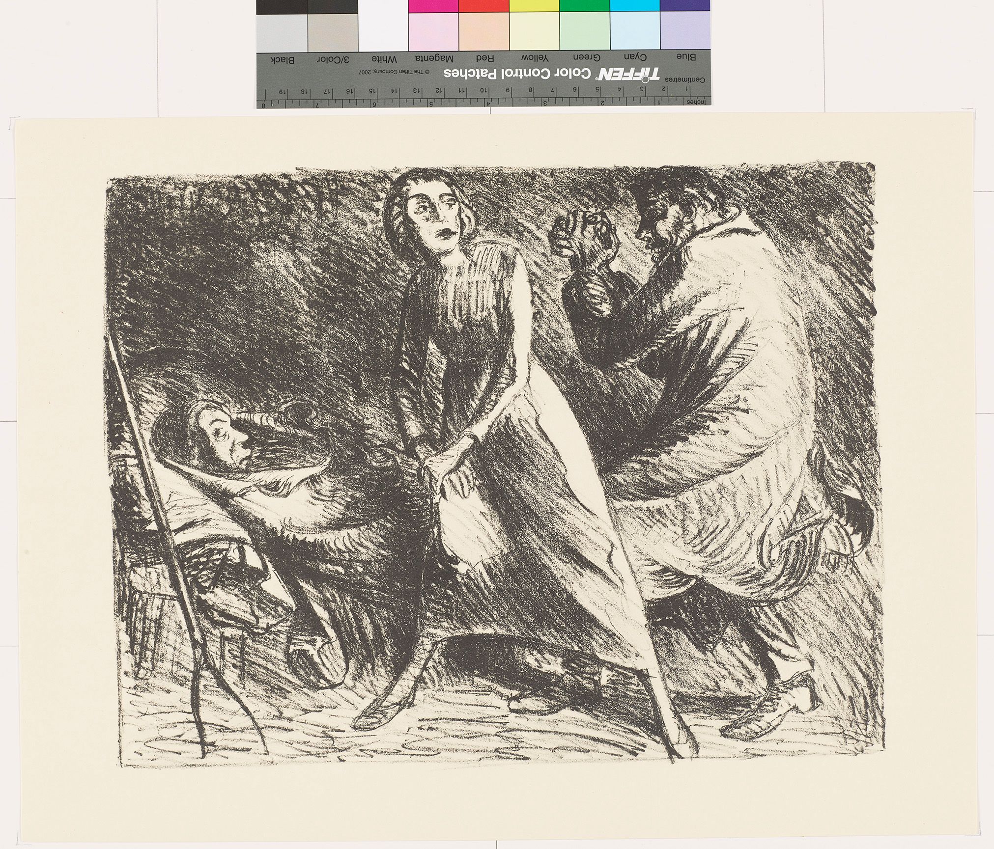 Skizze. Eine liegende Person, ein Mann und eine Frau. Die Frau deckt den Mann.