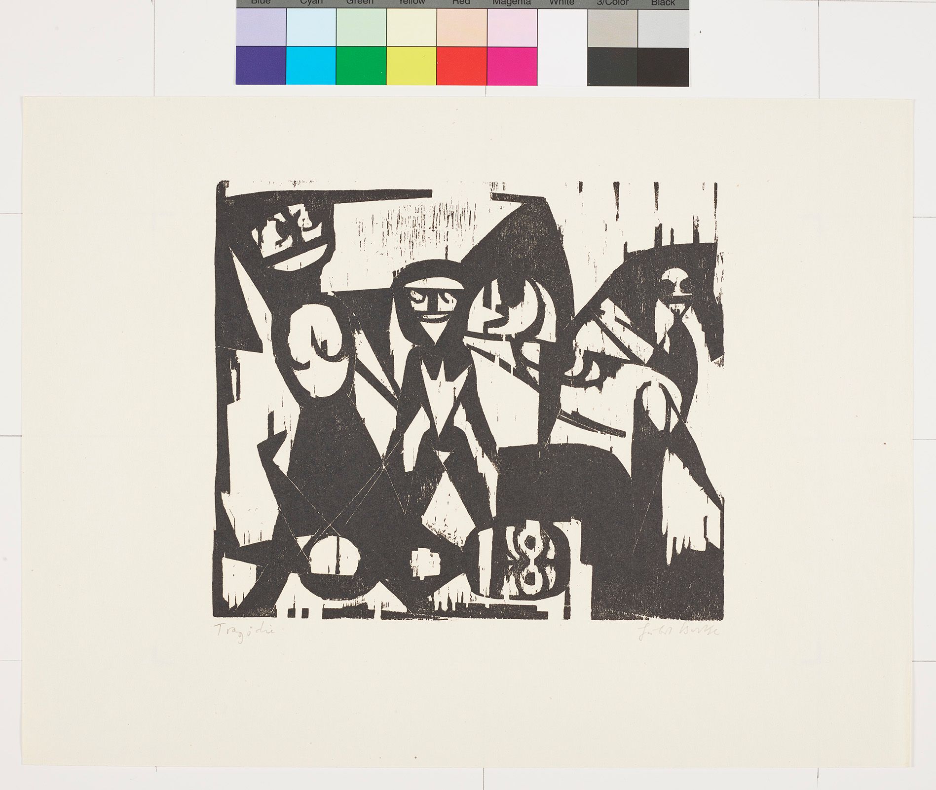 Abstraktes Bildmotiv von fünf Figuren in unterschiedlichen Posen mit Köpfen.