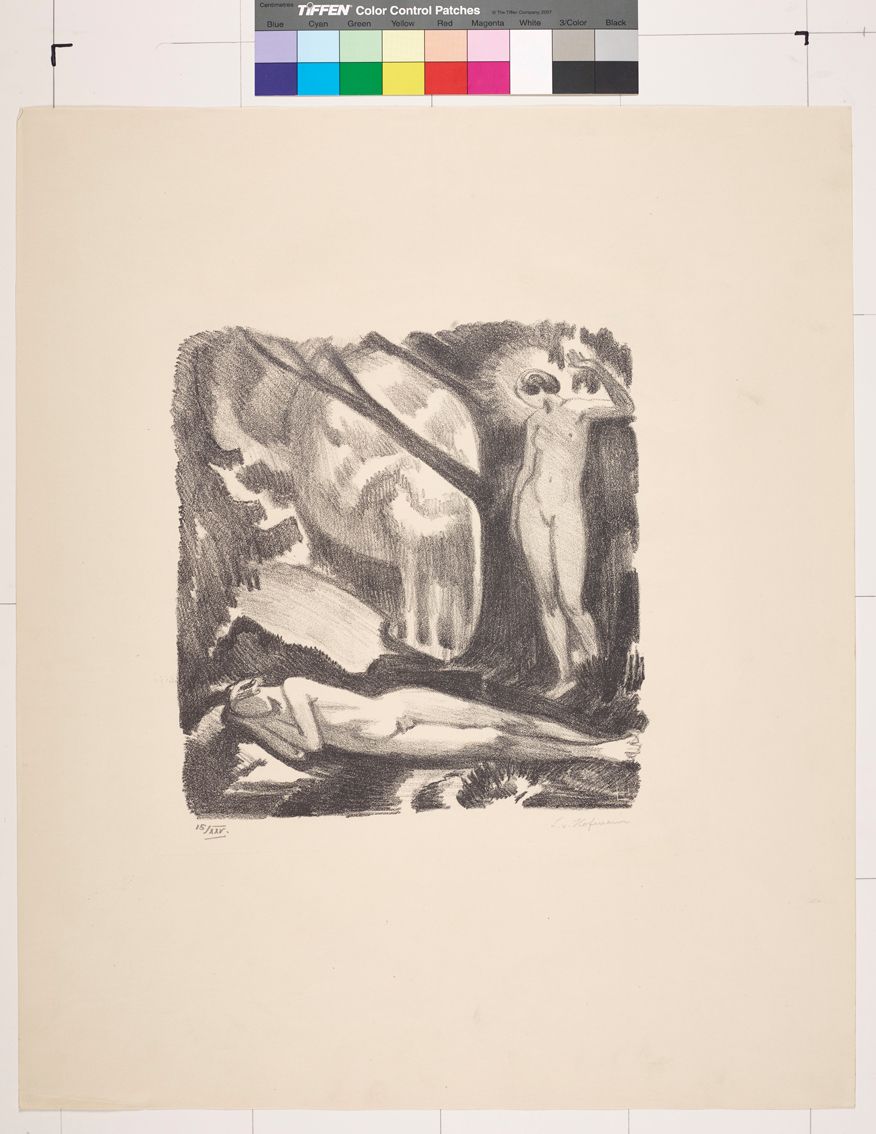 Zeichnung. Nackt liegende Frau. Nackte Frau an einem Baum.