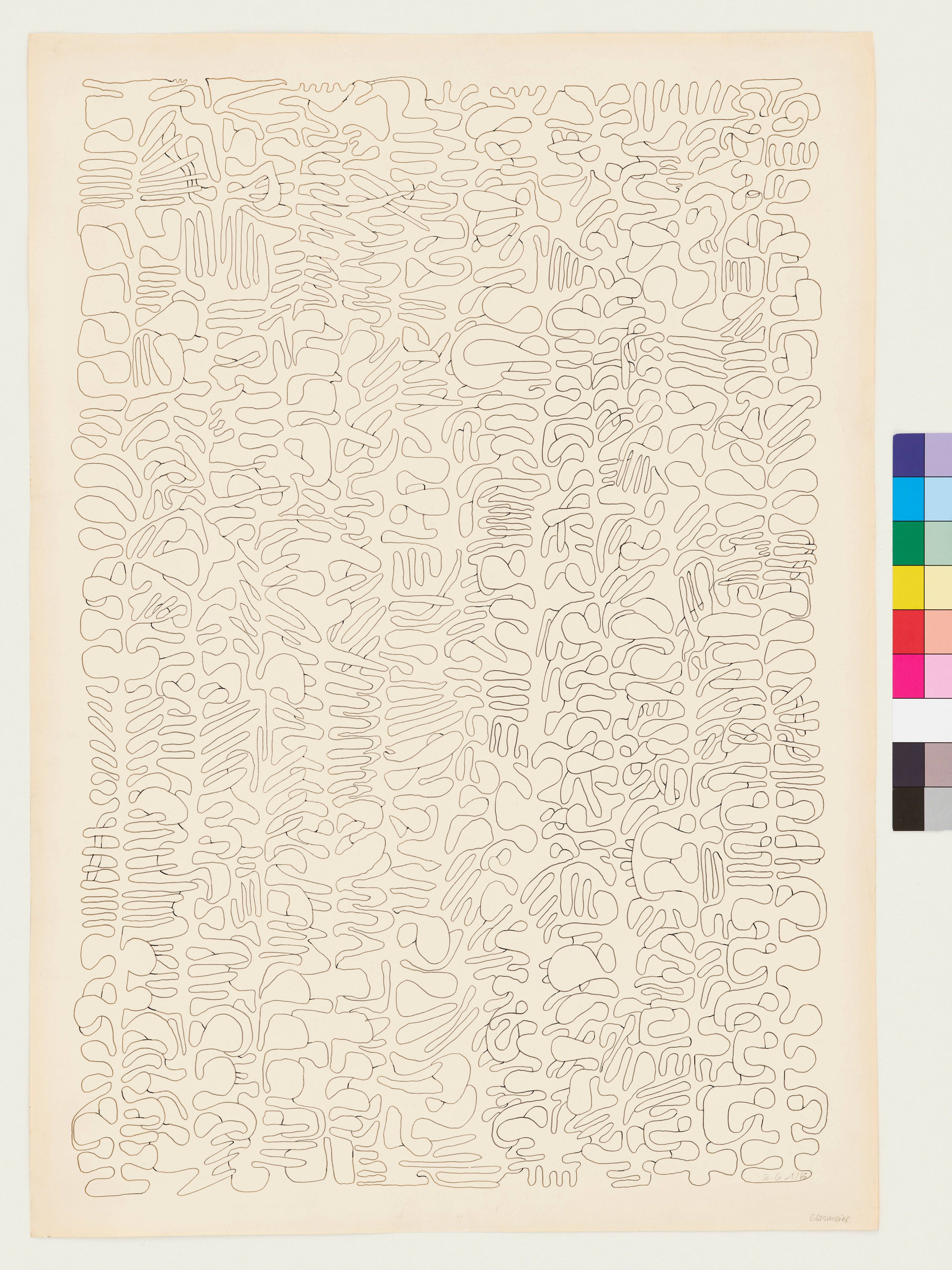 Abstraktes Bildmotiv. Feine verschlungene Linien in senkrechter Anordnung. 