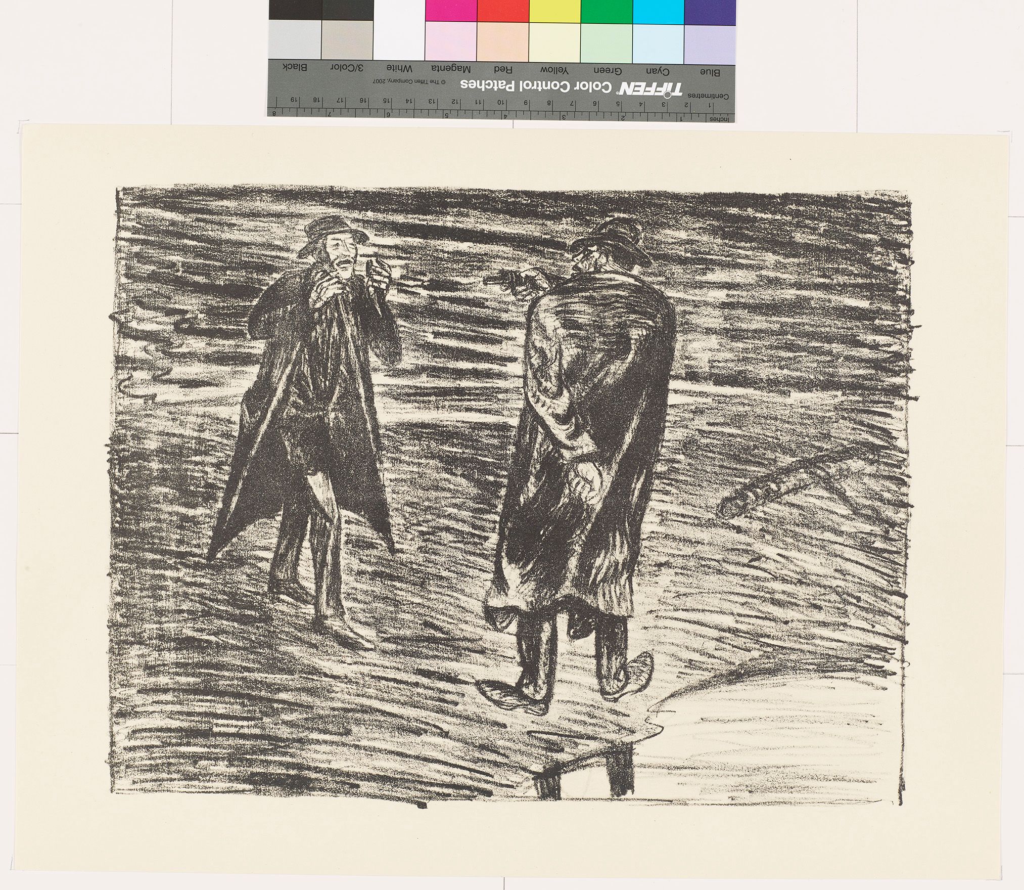 Skizze von zwei Männern in Anzügen. Der rechte Mann hält eine Pistole.