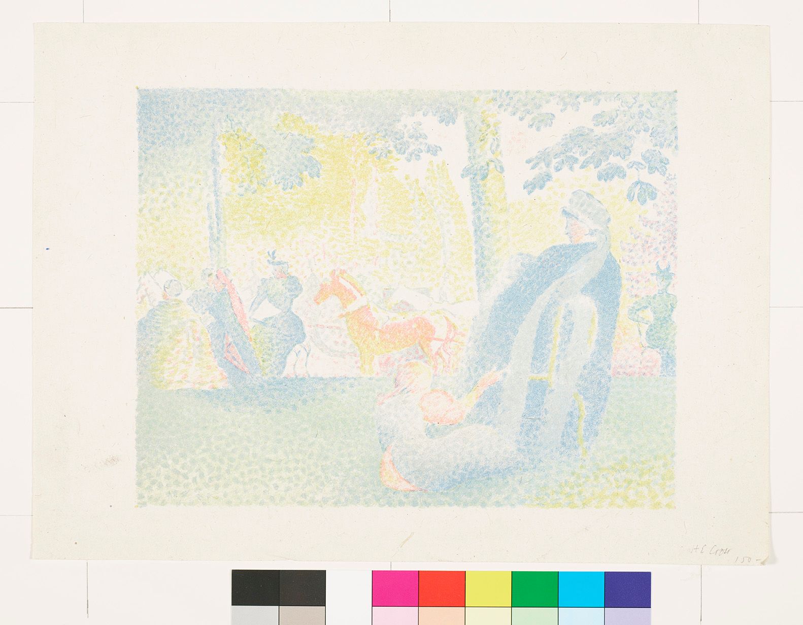 Pointillismus. Blick auf einen Gehweg von einem Park. Eine sitzende Frau und ein Mädchen von hinten. Auf der Straße sind weitere Frauen und zwei Pferde. 