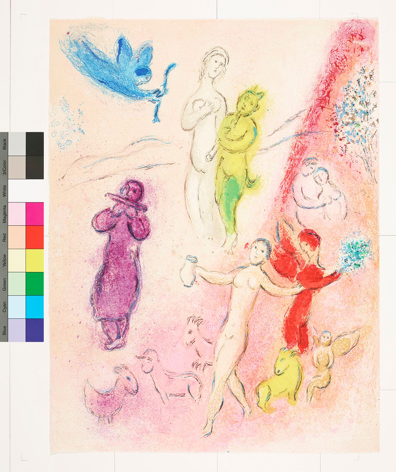 Abstraktes Bildmotiv von mehreren Personen. Am oberen linken Bildrand fliegt ein Engel mit einem Bogen in der Hand. Zwei Personen spielen die Flöte. Am rechten Bildrand ist ein Baum und ein Paar. 