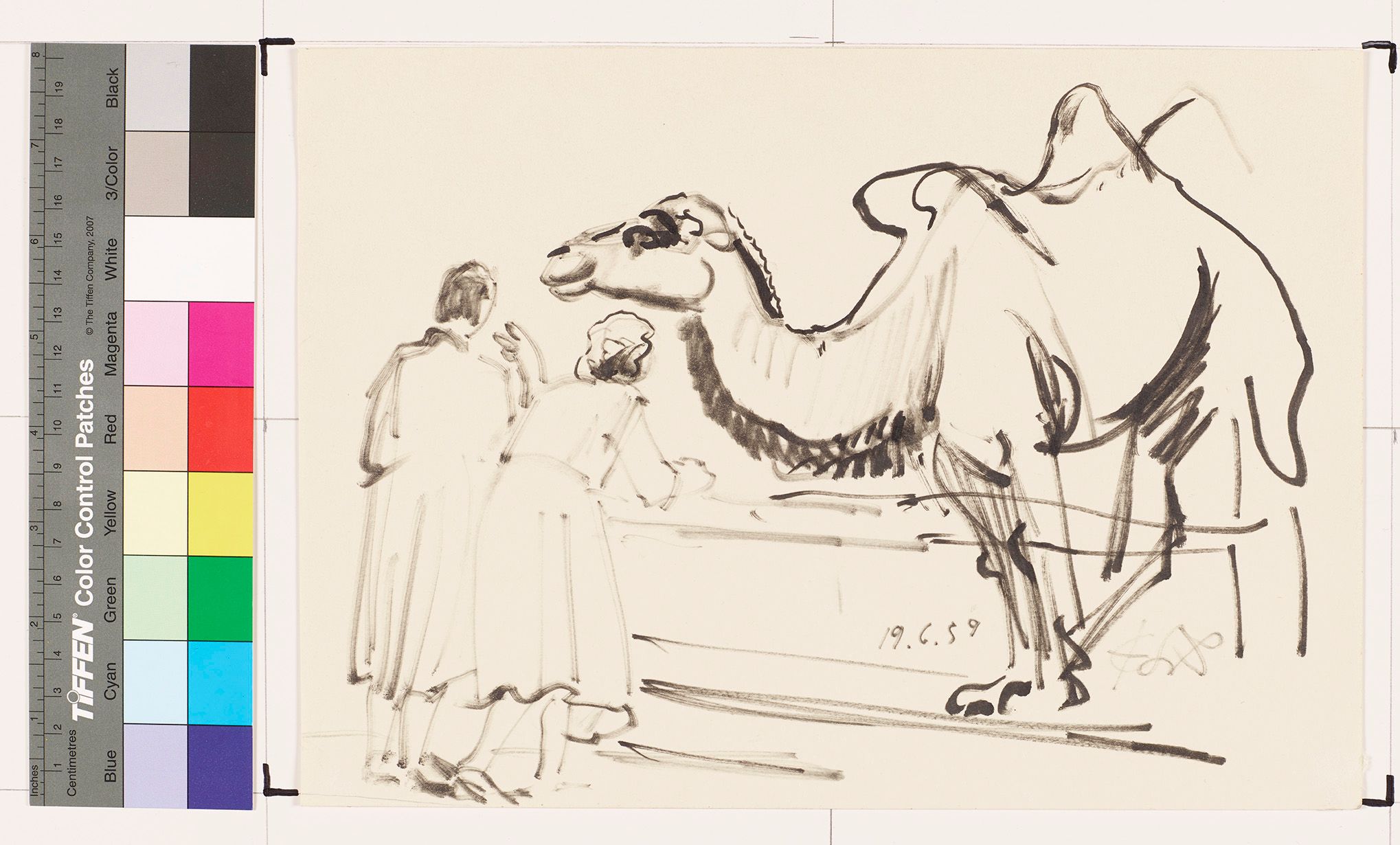 Skizze von einem Paar, die sich ein Kamel anschauen.