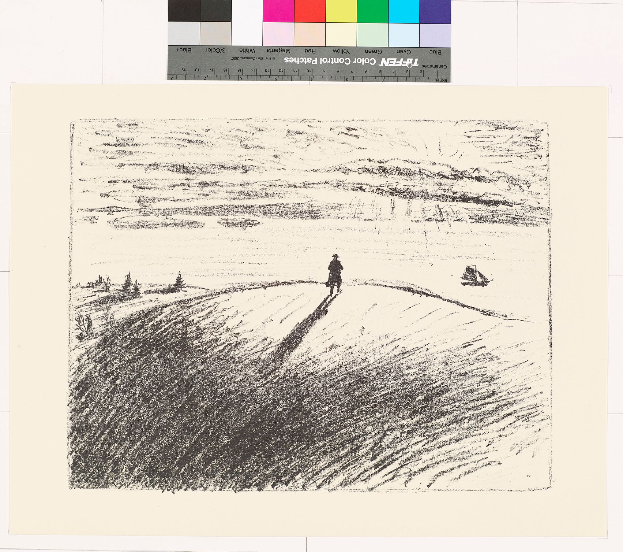 Zeichnung. Ein Mann steht auf einem Hügel und schaut auf eine Meereslandschaft. 