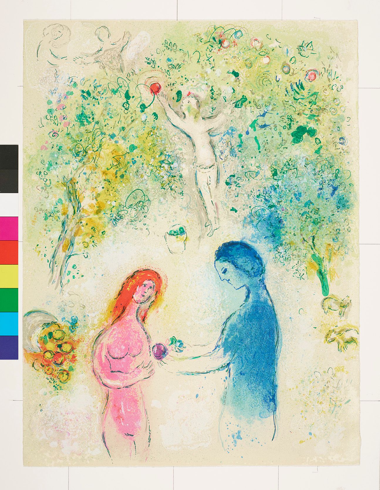 Abstraktes Bildmotiv. Eine Person, in rosa, streckt die Hand aus und eine Person, in blau, gibt ihr eine Frucht. Über ihnen sind Bäume und weitere Figuren.