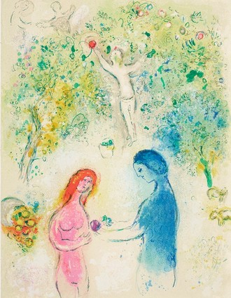 Abstraktes Bildmotiv. Eine Person, in rosa, streckt die Hand aus und eine Person, in blau, gibt ihr eine Frucht. Über ihnen sind Bäume und weitere Figuren.